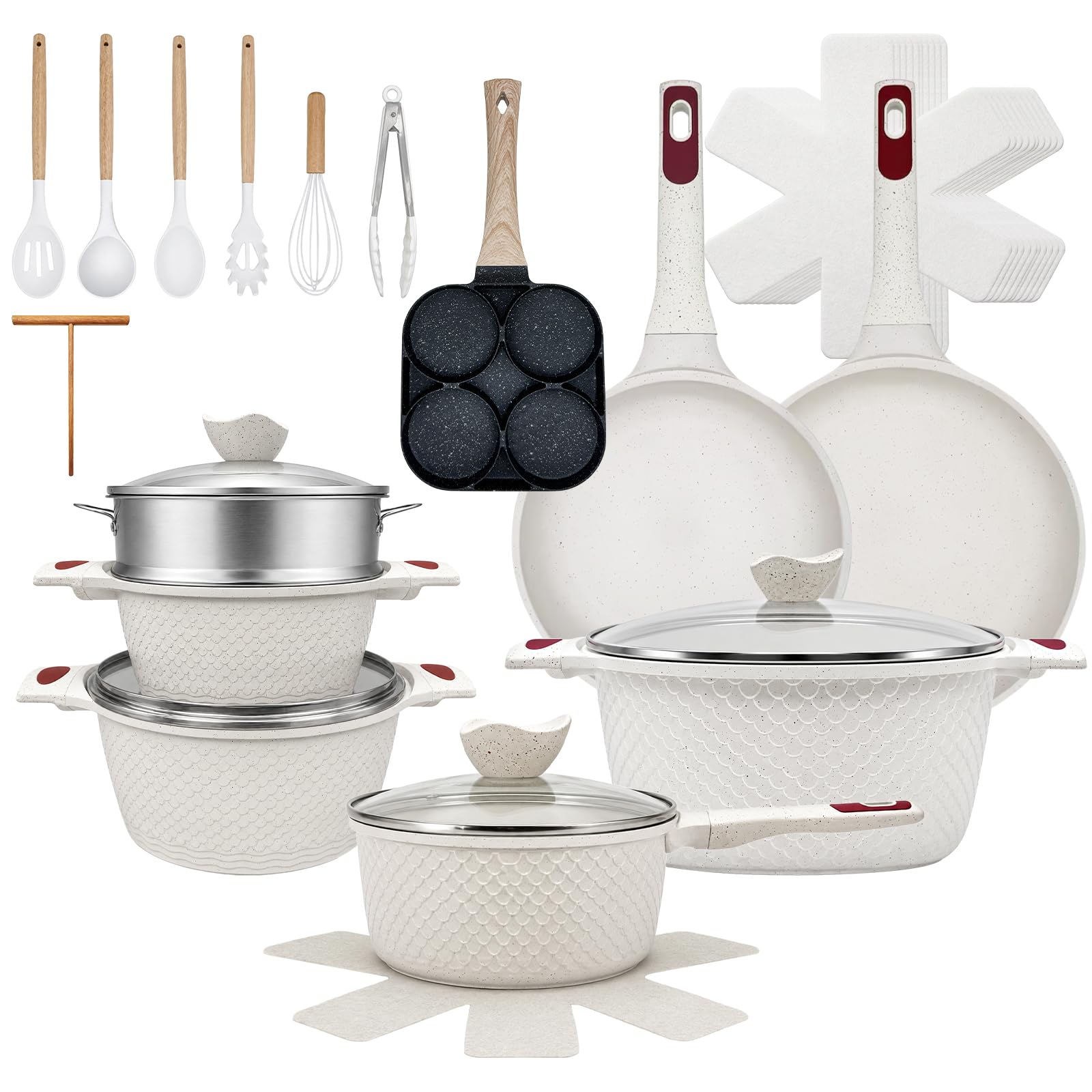 29-Piece Pots and Pans Set, Non Stick with Handle, Nonstick Cookware Sets, Kitchen Cooking Set, Camping Cookware, Dishwasher &amp; Oven Safe, Beige（Fish Scale Shaped)