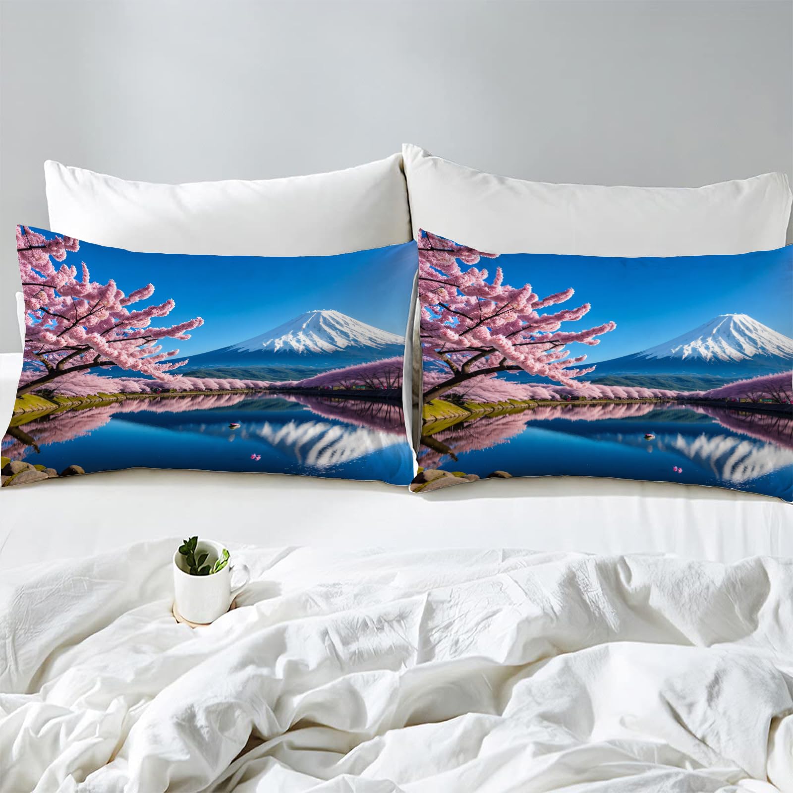Housse de Couette 140x200 Fleurs de Cerisier Japonais Parure de Lit 1 Personne Mont Fuji Microfibre Douce Housses Couettes avec 2 Taies d'oreiller avec Zippée, B5685