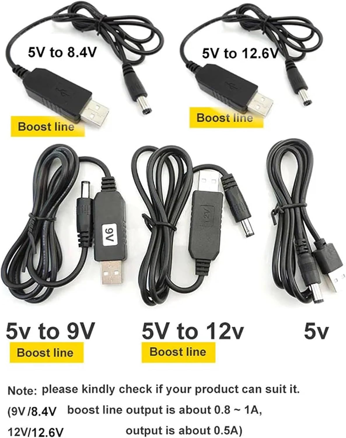 1pcs DC 5V to 9V 8.6V 12V 12.6V USB Power Boost Line Module Converter Cable 5.5x2.1mm to DC Male Connector Adapter(Type A Adapter)