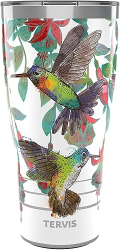 Tervis Traveler - Vaso aislado de triple pared con diseño de colibríes coloridos mantiene las bebidas frías y calientes, 30 onzas, acero inoxidable