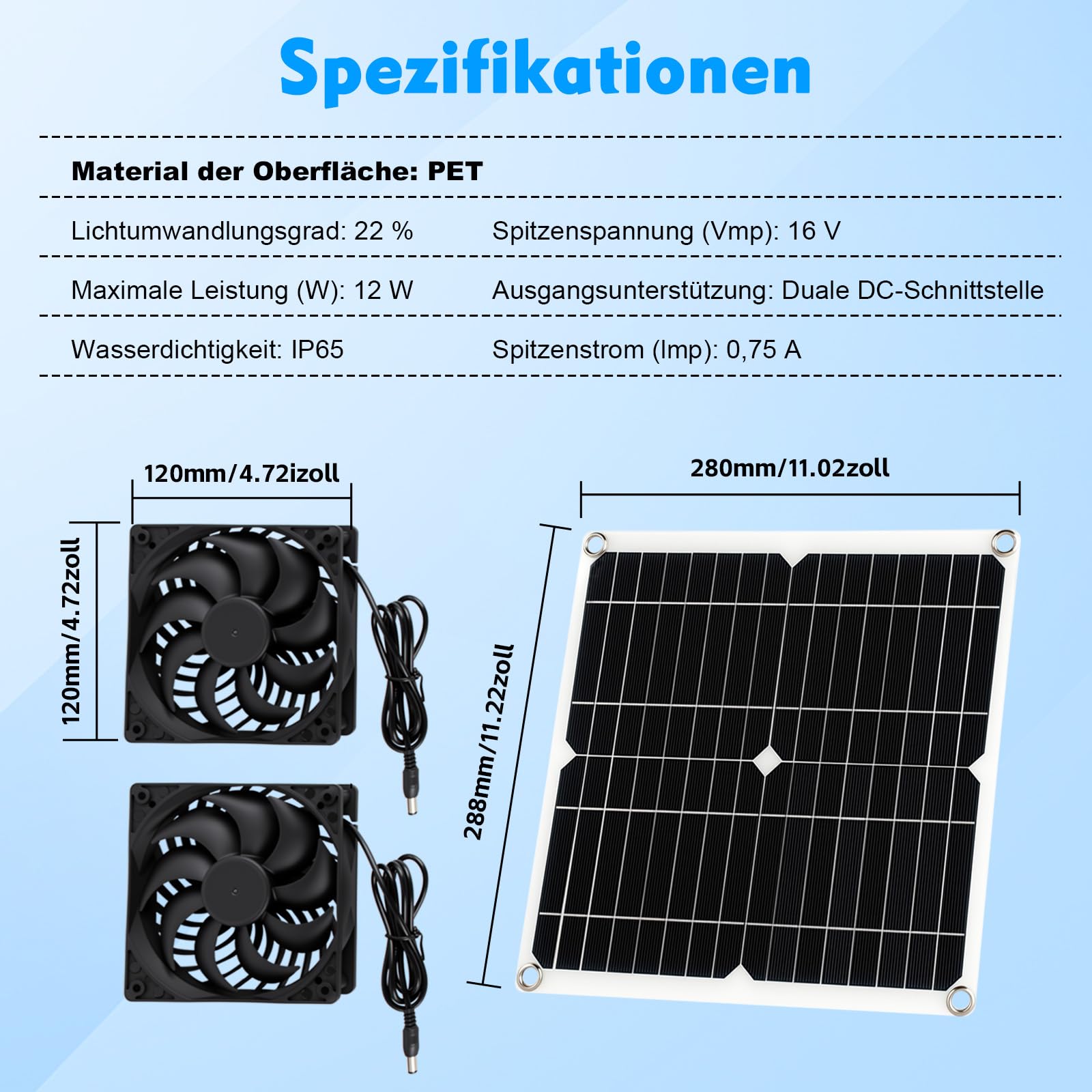 Ventilateur de panneau solaire 12 W - Ventilateur d'extraction solaire avec double ventilateur CC - Échappement de fenêtre pour hangars, poulaillers, serres, niches pour animaux domestiques