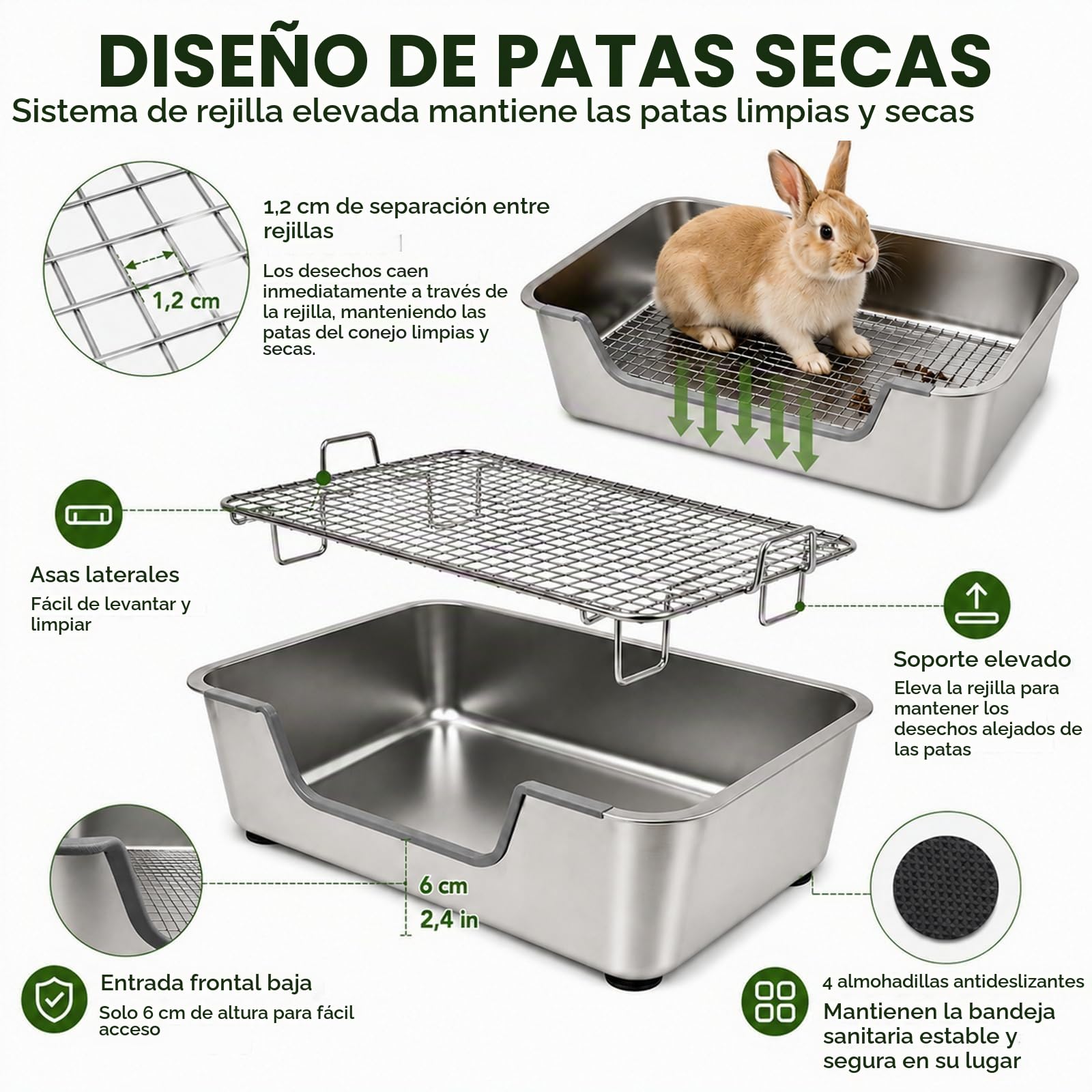 HYLYUN Bandeja Higiénica Conejo Acero Inoxydable con Rejilla, 40x30x15 cm