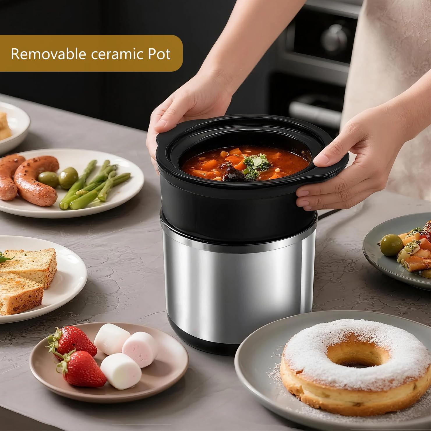Mini Slow Cooker, 0.65 Qt Capacity small slow cooker, Ceramic Pot, Nutrient Loss Reduction, For Sauces, Stews & Dips, Stainless Steel Exterior, Round