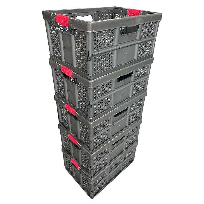Buy 5 x 32 Litre Extra Strong Folding Plastic Stacking Storage Crates Box 30KG LOAD CAPACITY