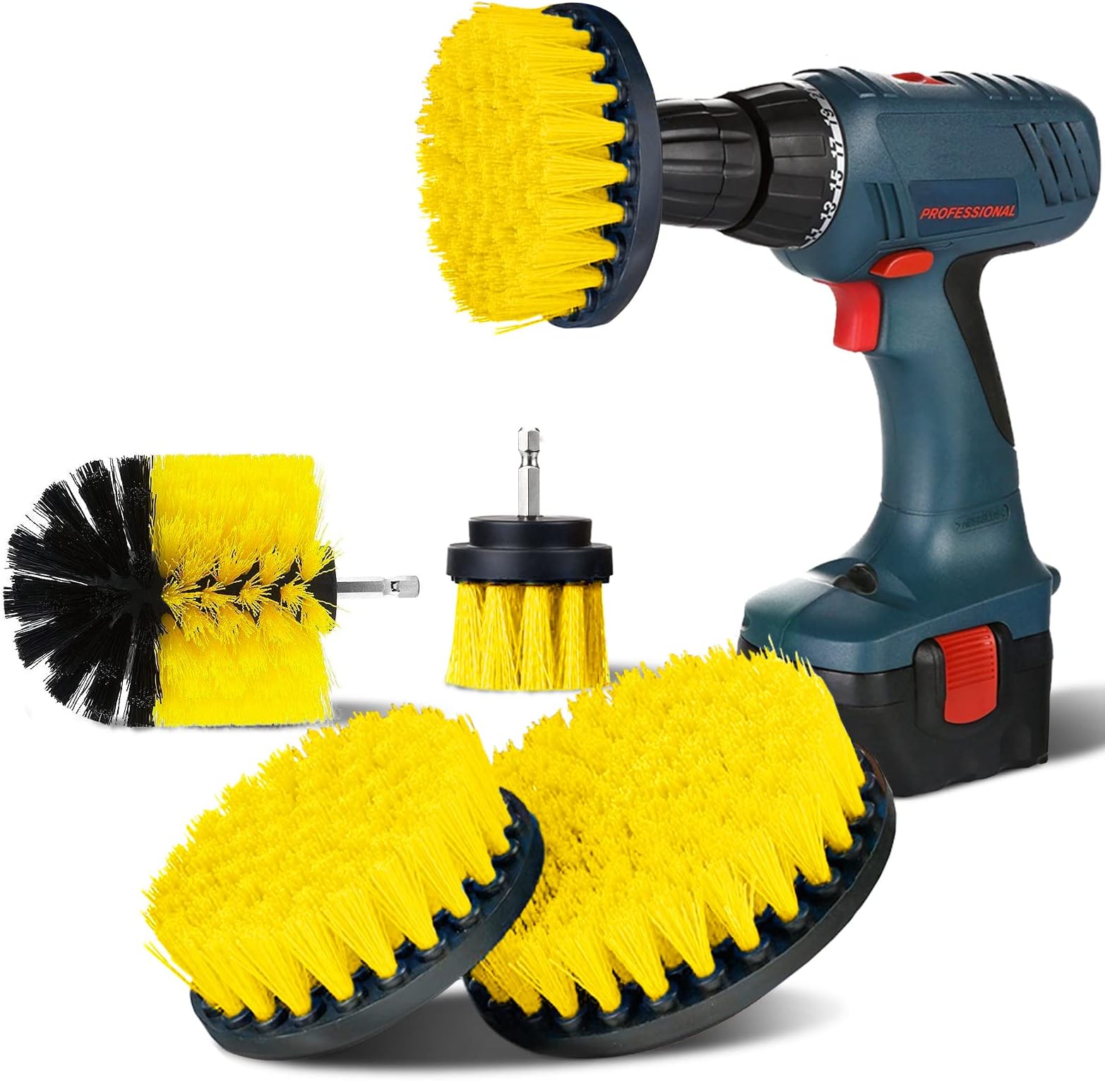 Brush Attachments for Cordless Screwdriver, Drill Brushes, Set of 4 (5.1cm, 8.9cm, 10.2cm, 12.7cm), Cleaning Brushes for Bathtub, Tiles, Floor, Kitchen, Car (Yellow)