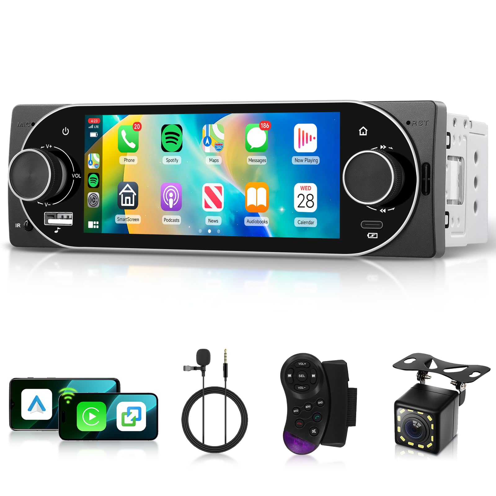 Hodozzy 1 Din Autoradio avec CarPlay/Android Auto sans Fil, Poste Radio Voiture Bluetooth Mains Libres 6,86 Pouces IPS Tactile écran Single DIN MirrorLink FM/EQ/AUX/USB/SWC/Type-C avec Caméra