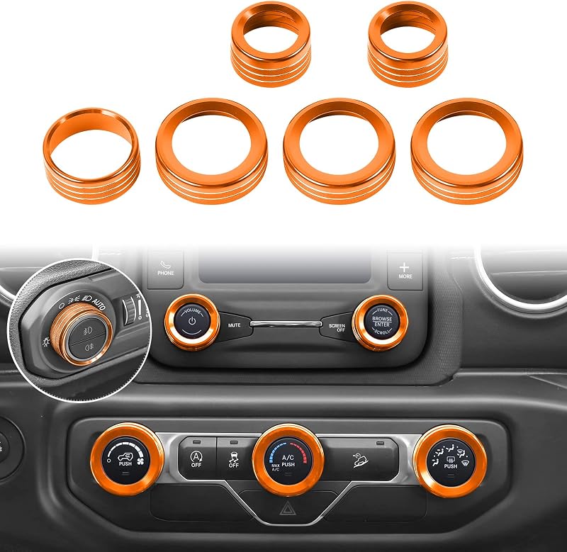 Acabamento do botão do ar-condicionado e farol Voodonala em alumínio laranja para Jeep Wrangler JL JLU e Gladiator JT – 1 unidade