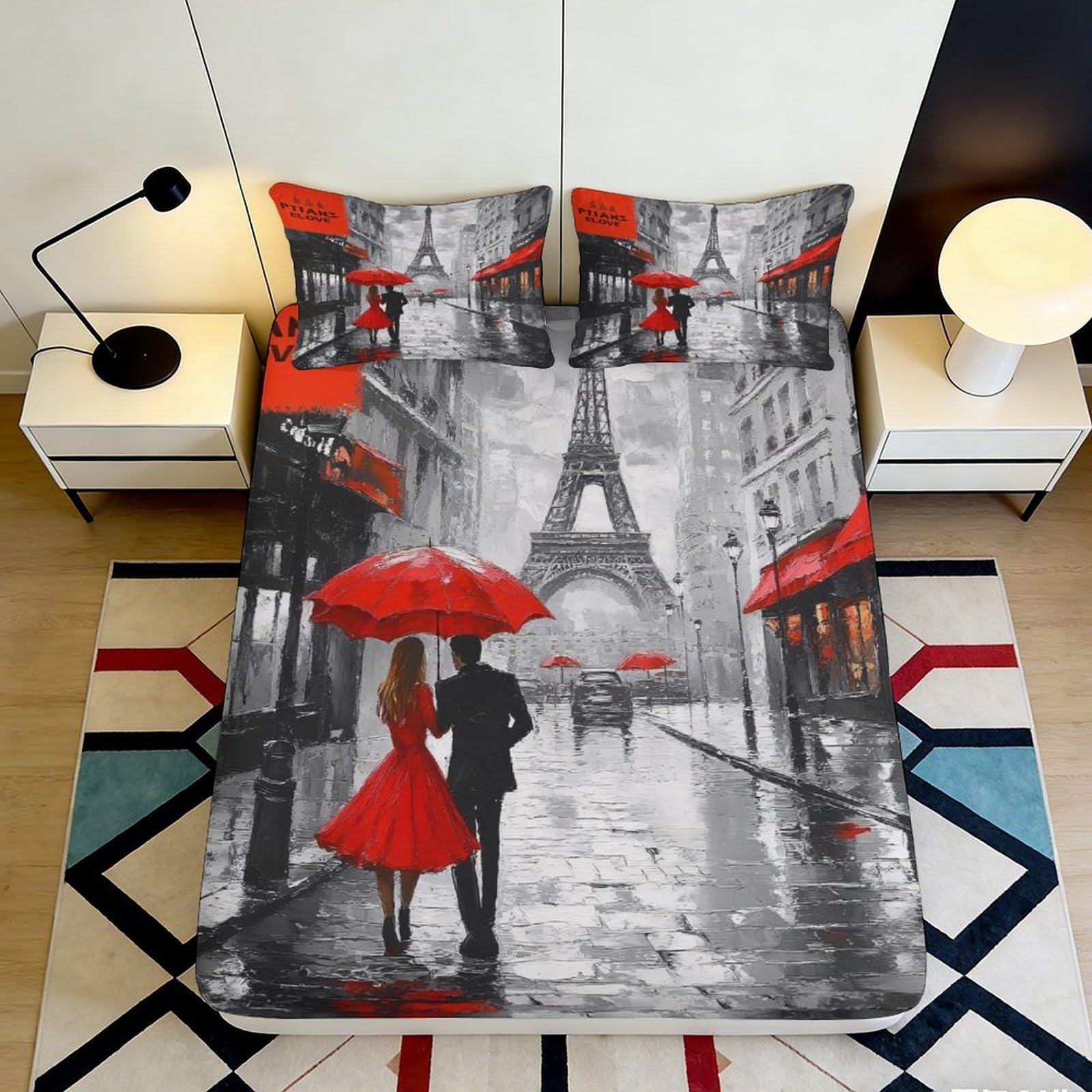 3D Printed Paris Street Fitted Sheet Microfiber Red Umbrella Bed Cover for Bedroom Guest Room Decor Mattress Protection 90x200x25cm