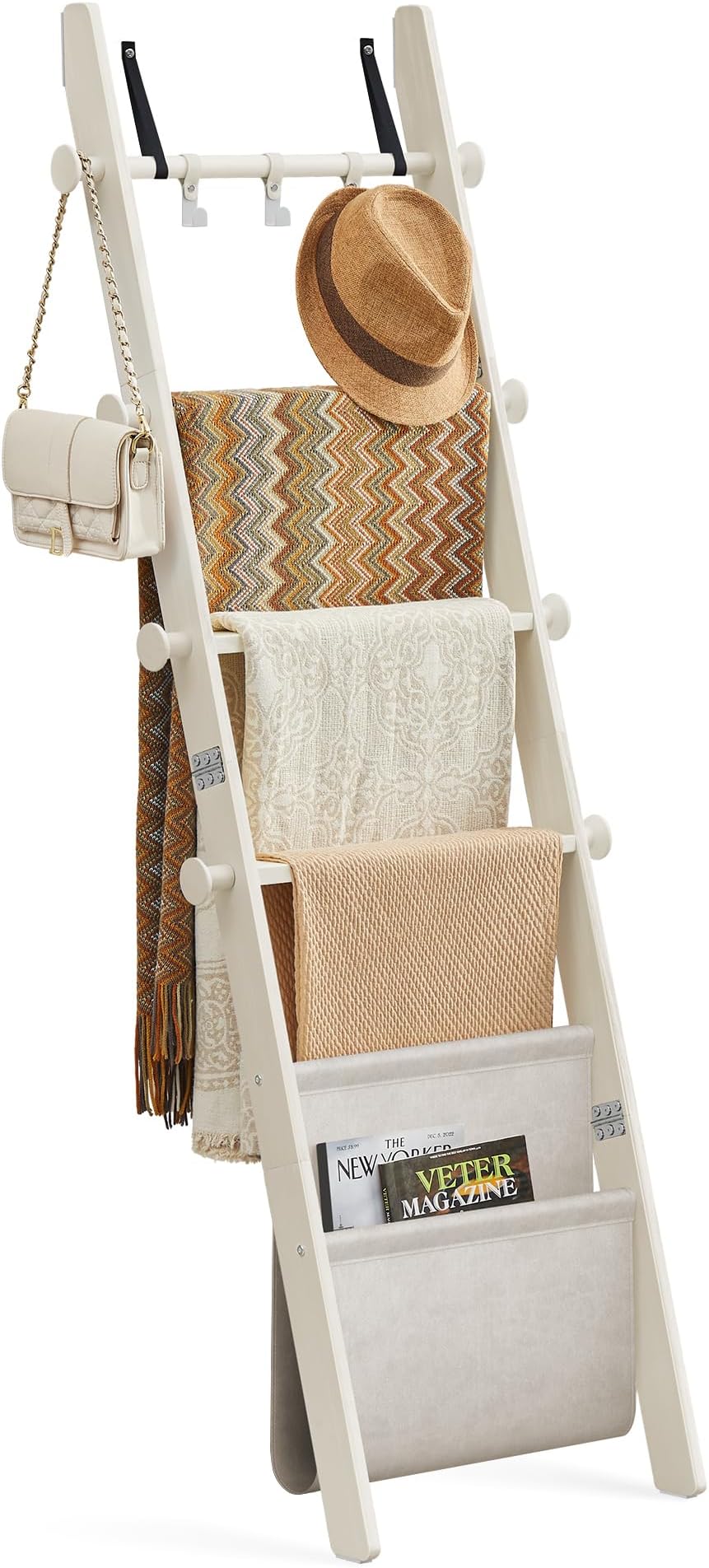 VASAGLE Blanket Ladder for Living Room, 5-Tier Wooden Ladder Shelf, Decorative Farmhouse Blanket Rack with Synthetic Leather Bag, Metal Hooks, Side Hooks, for Bedroom, Cream White ULLS022W01