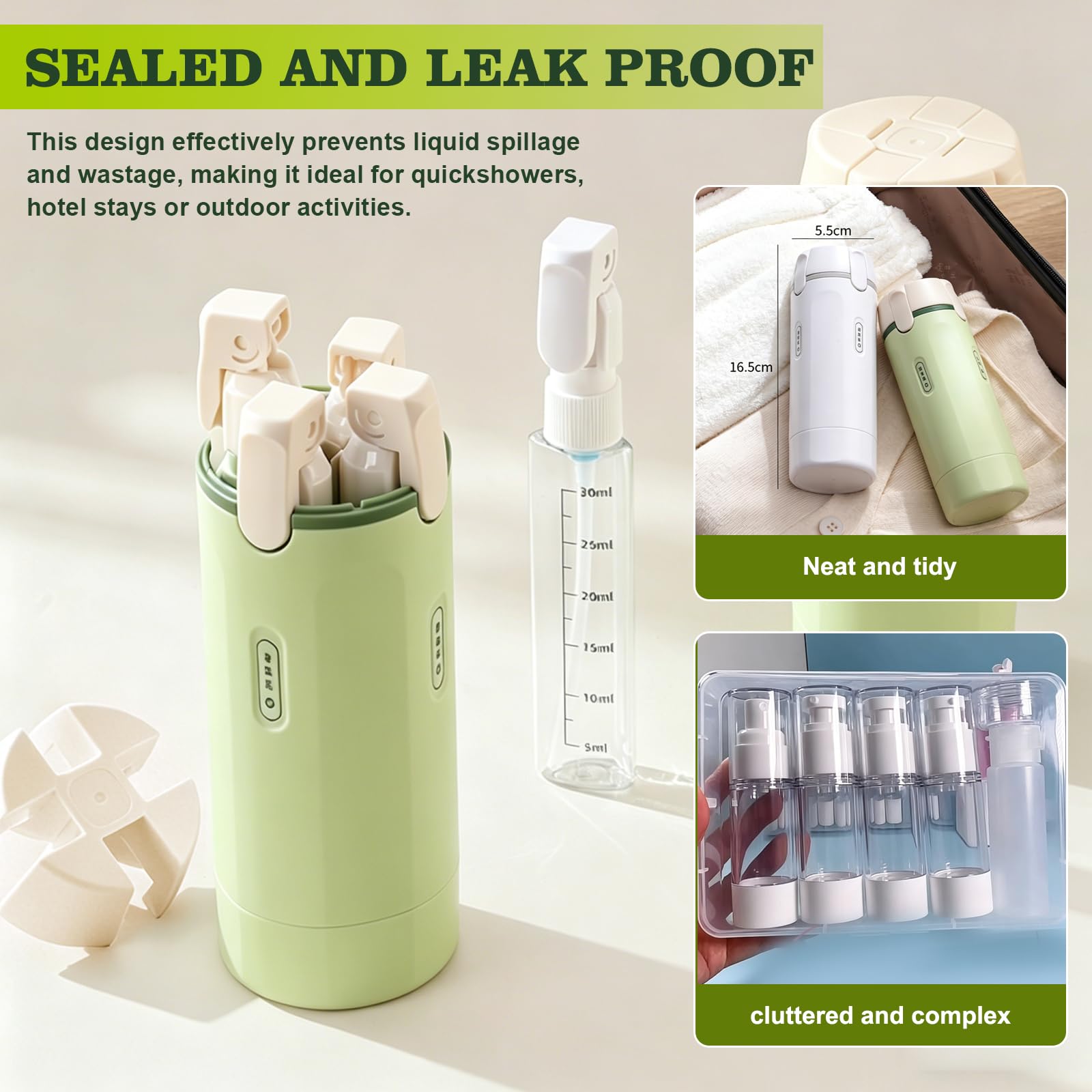 Bouteilles de voyage 4 en 1 à remplir, portable, transparent, avec échelle de mesure et étiquettes, bouteilles de voyage à remplir pour shampooing, après-shampooing, lotion et gel douche (vert)