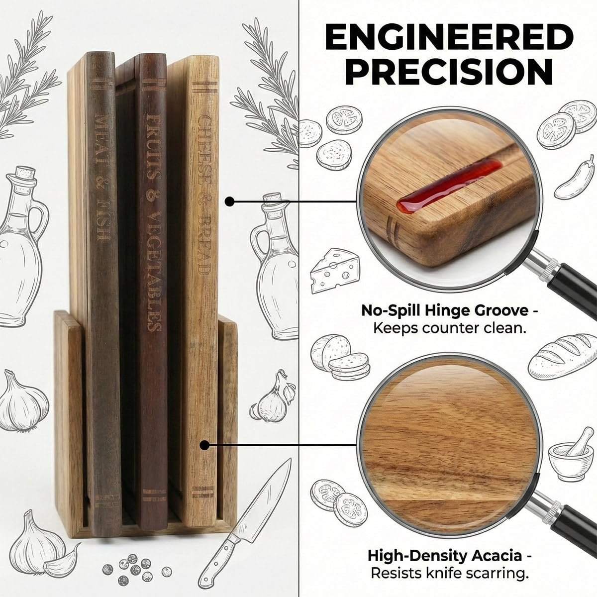 Profi Schneidebrett Holz Set mit Ständer in Buchoptik - 3x Gleiche Größe Holzschneidebrett Set - Robustes Küchenbrett Holz für Fleisch & Brot - Book Cutting Board Set - Schneidebrett Bücher
