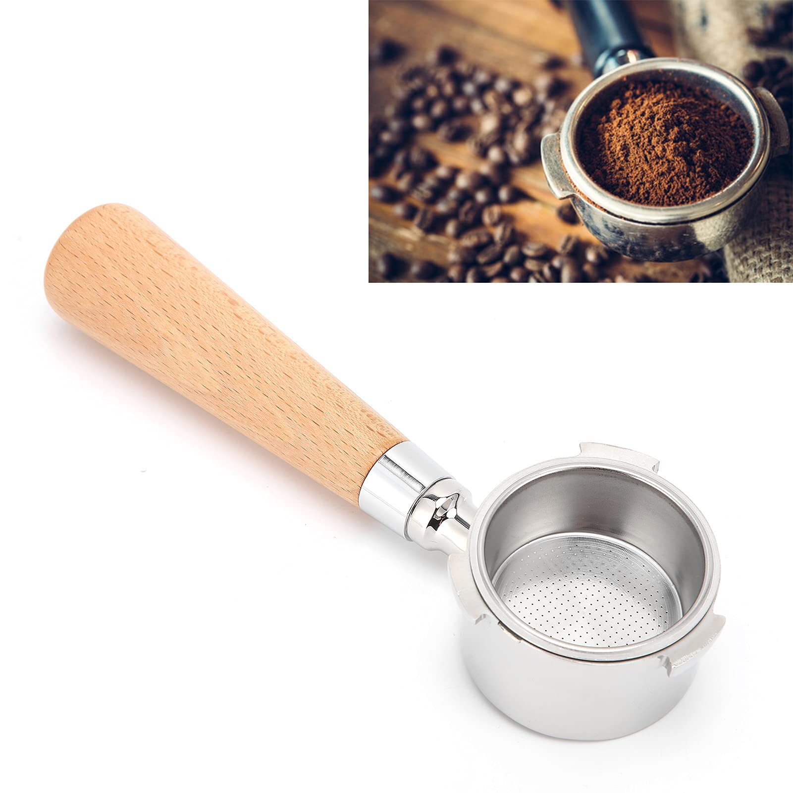 Portafiltro sin fondo para máquina de espresso, soporte de filtro de café de acero inoxidable con mango ergonómico de madera, herramienta de para preparar café en casa o en (Faggio da 51 mm)