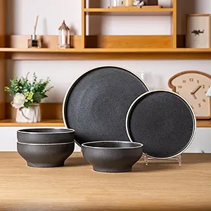 Ceramic Dinnerware Sets of 4, Speckled Stoneware Plates and Bowls Set, Chip and Crack Resistant | Oven & Dishwasher & Microwave Safe Dishes Set, Service for 4 - White Rim (12 PCS)