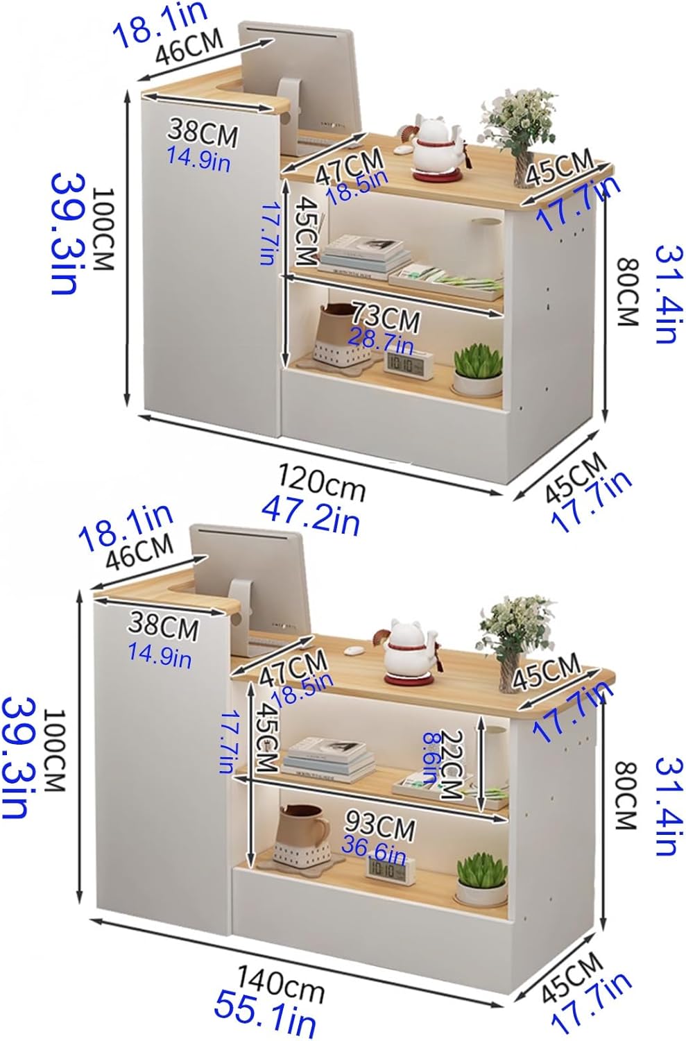 JKGHK Reception Desk, Front Counter Desk with with Double Open Storage, Counter Table with Lockable Drawer, Desk Reception for Salon Reception Room Checkout Office(White,39.3in/100cm)