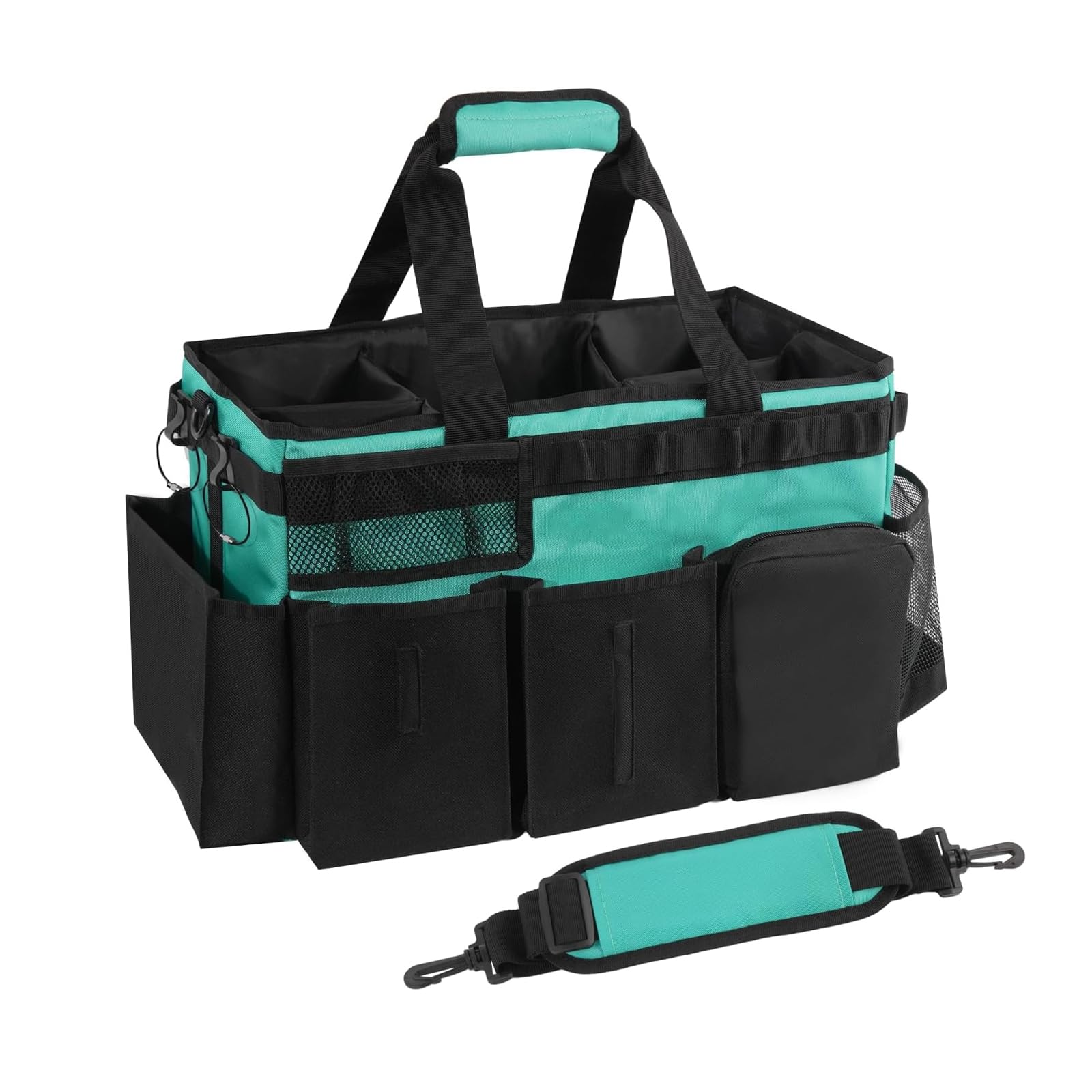 Reinigungs Organizer Tasche, 39*24*27 cm Reinigungs Caddy Organisator mit Griff und Verstellbarem Schultergurt Tragbare Reinigungstasche, Mehreren Taschen für Zuhause Auto Einkaufen Küche (Hellblau)