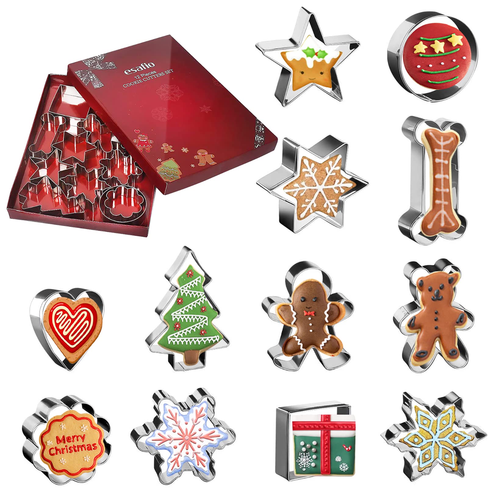 Photo 1 of **BUNDLE OF 3**  esafio Cookie Cutters,12 Pieces Xmas Biscuit Cutters 304 Stainless Steel with Heart, Flower, Bone, Round, Snowflake, Square Shapes for Birthday, Baking, Christmas Sanwich Cutter for Kids