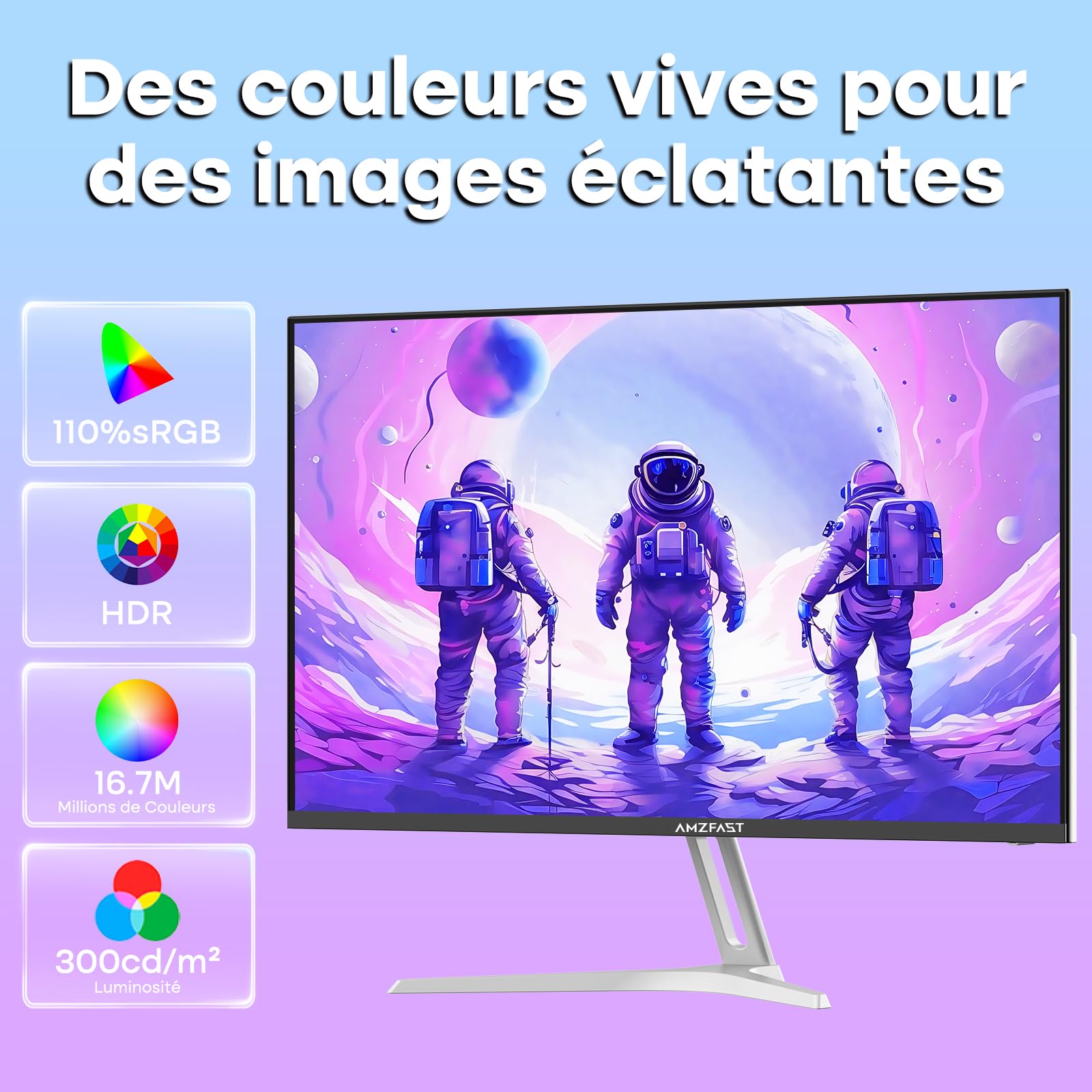 Amzfast Monitor da Gaming 24 Pollici - 200Hz, FHD 1920x1080, Fast IPS, 1ms MPRT, 80% DCI-P3, 110% sRGB, HDR, Anti-Luce Blu, Adaptive Sync, VESA 75x75, HDMI 2.0/DP 1.4, Bianco - AMZG24X1W