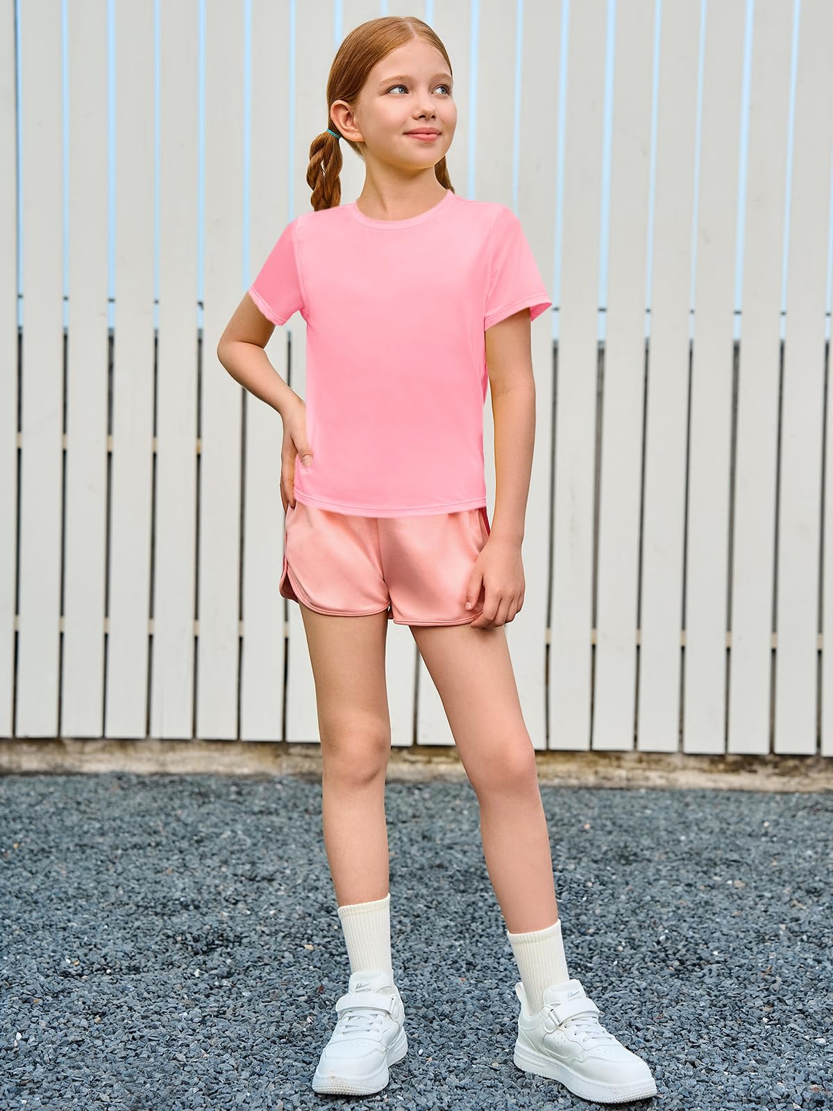 Camisetas atléticas manga corta niñas ajuste seco dobladillo curvado 5-14 años