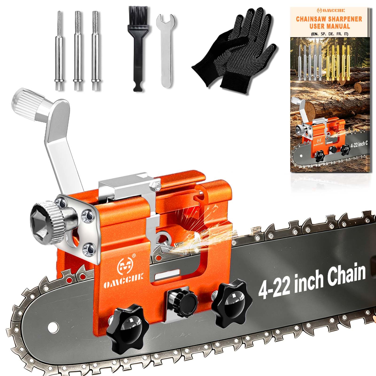 Chainsaw Sharpener Jig Kit, Portable Chainsaws Sharpening Tool with 3 Stungsten Grinding Bits Manual Chain Saws Blade Sharpener Accessories for 4"- 22" Chains