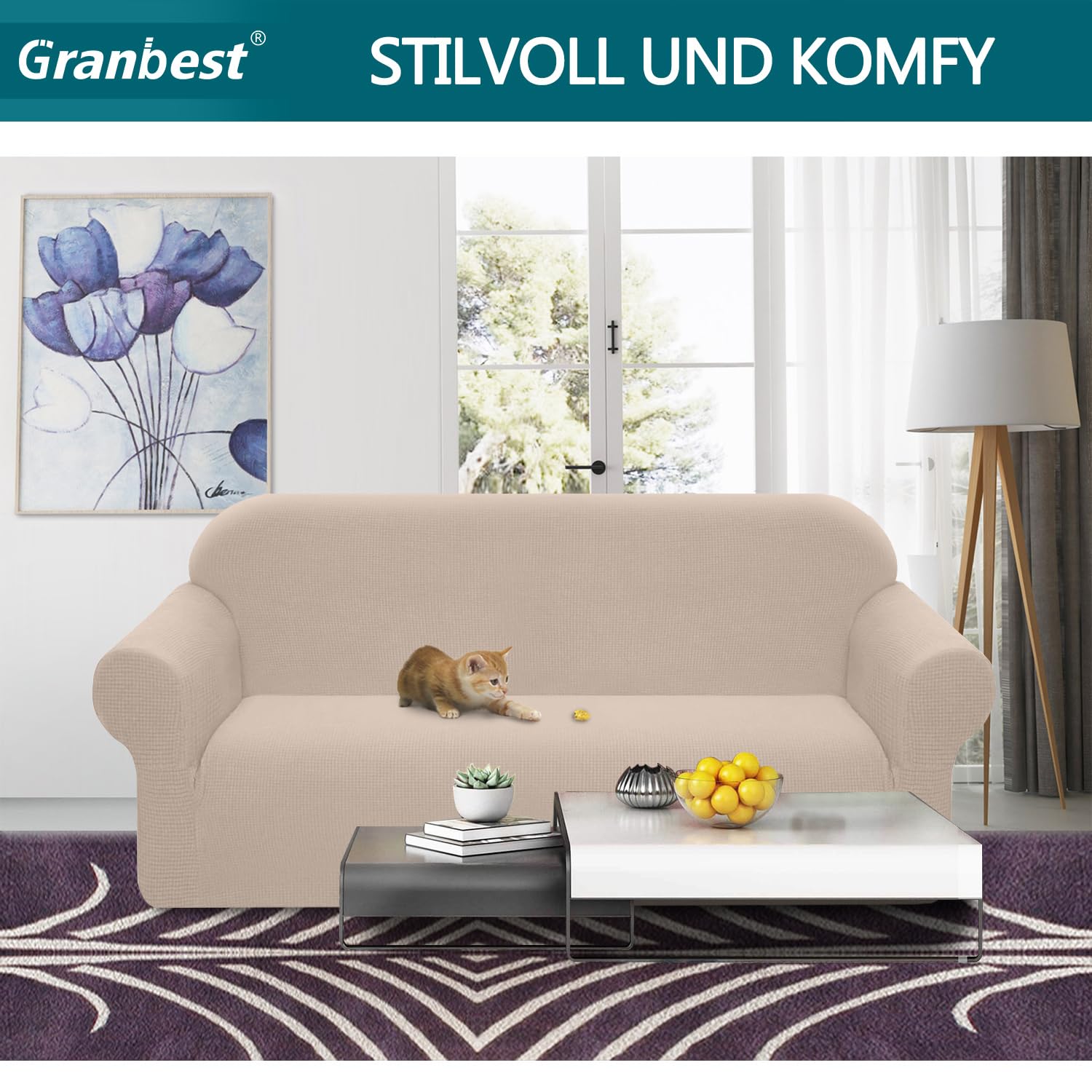 Granbest Copridivano elasticizzato, impermeabile, 1 pezzo, in spandex, jacquard, con schiuma antiscivolo (3 posti, kaki)