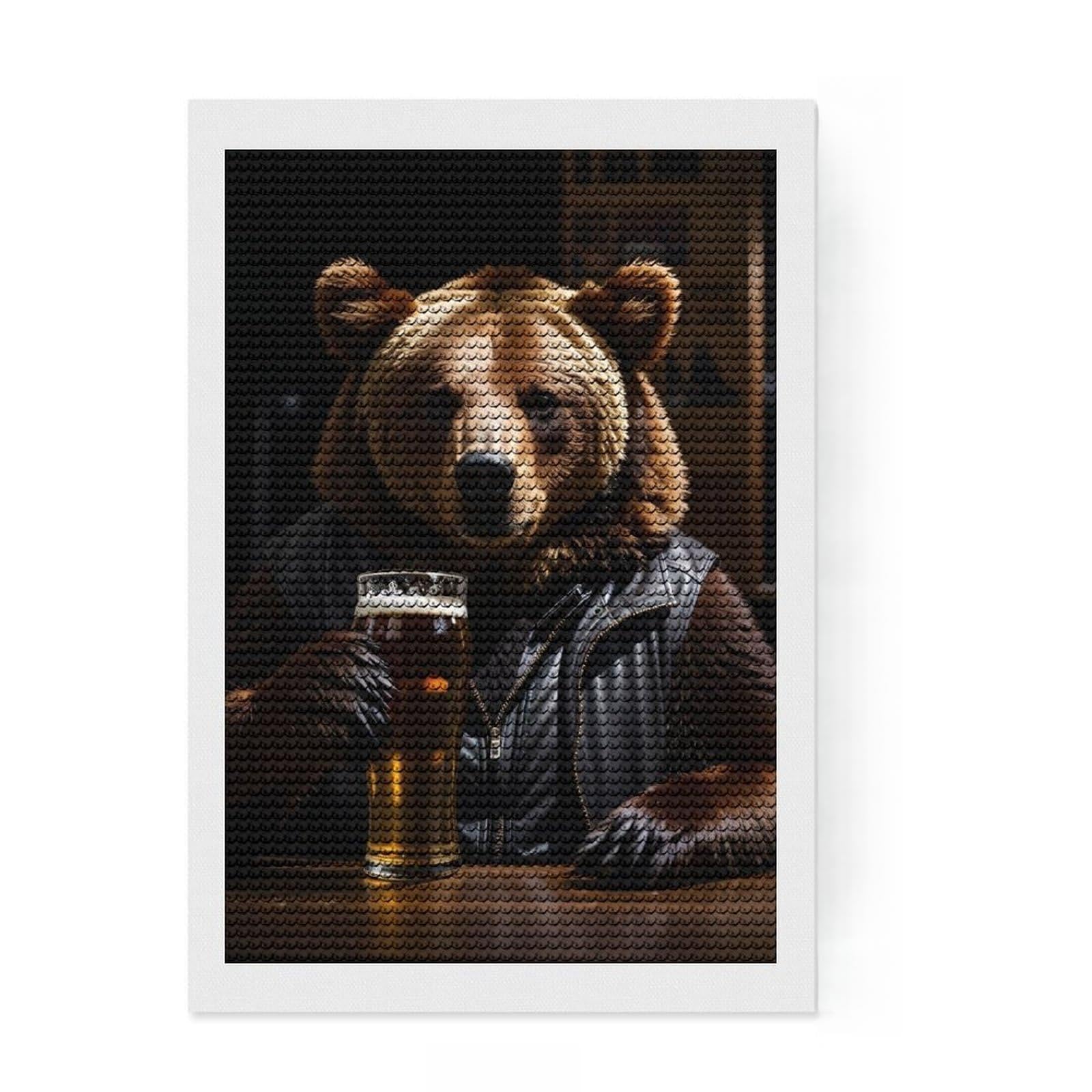 Junmoney Funny Drinking Bear Diamond Painting Set 8"x12", Fun Craft Experience, Sparkling Round Gems, Office Decor, for Adults, Adhesive Canvas