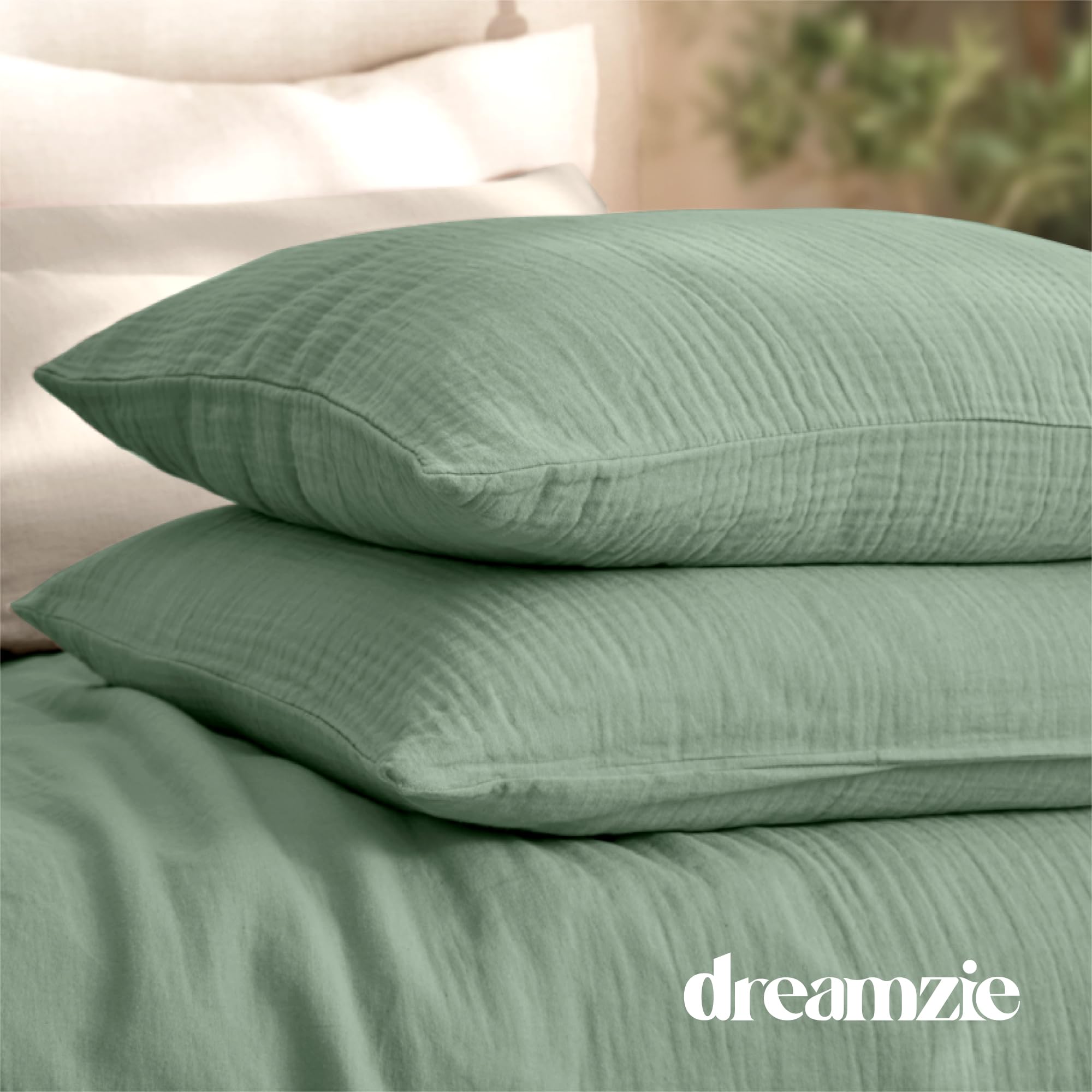 Dreamzie Funda Nordica Cama 200 Algodon - Juego de Cama con Funda de Edredón 220x240 y 2 Fundas de Almohada 80x80 cm - Blanco - Tejido de Muselina - Certificada Oeko-Tex
