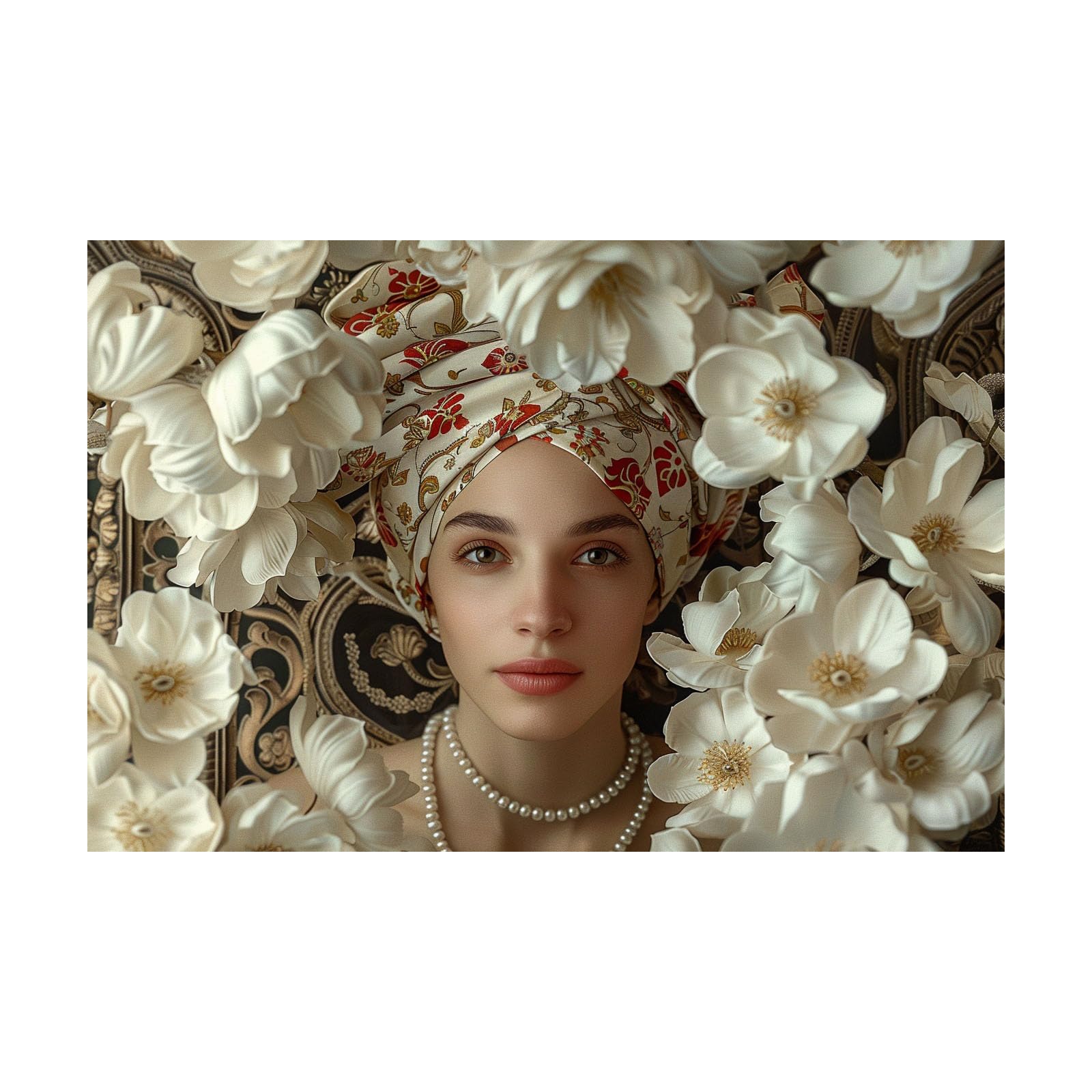 TERUEA Funny Bathroom Wall Art Print Woman With Floral Turban And White Flowers Vintage Humor Wall Art Poster for Bathroom Toilet Decor(White)-60x90cm Unframed