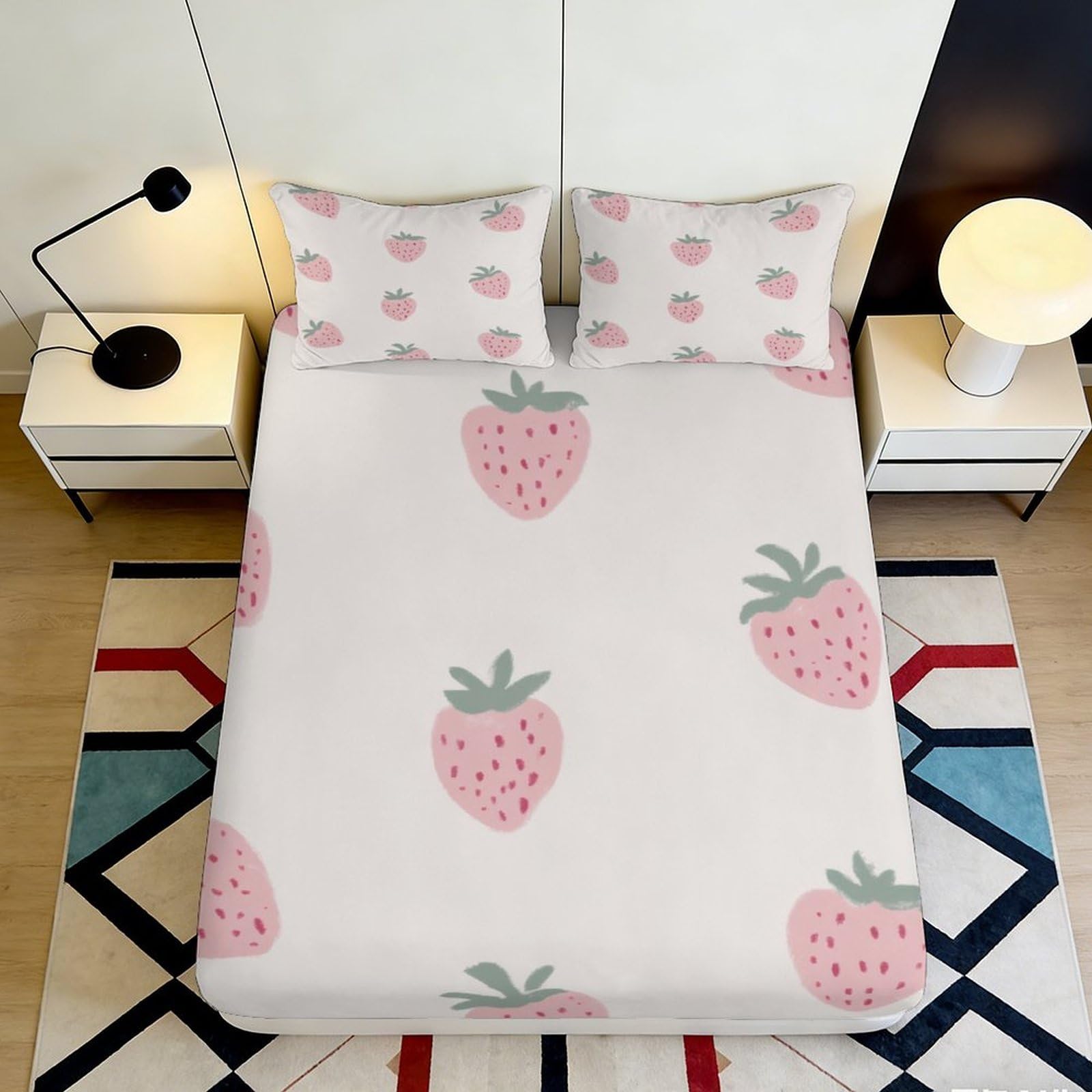 3D Printed Pink Strawberry Fitted Sheet Microfiber Soft Anti-Slip Bed Cover for Bedroom Dorm Mattress Protection Decor 160x200x25cm