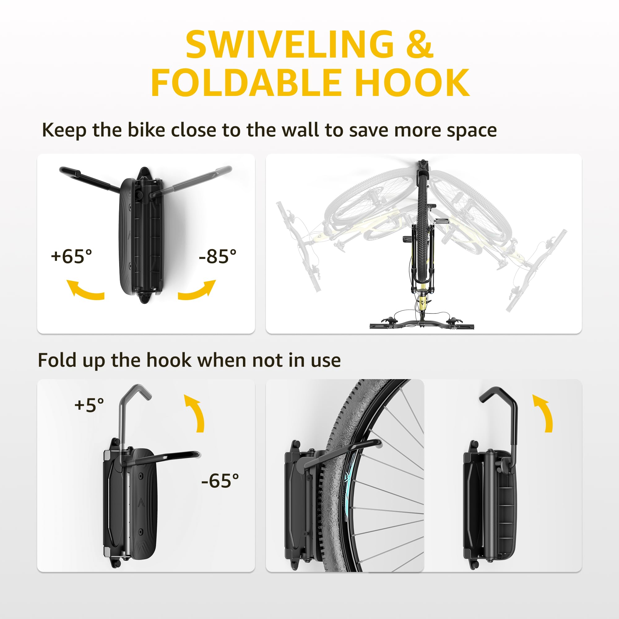 monTEK Schwenkbare Fahrrad-Wandhalterung, 2er-Pack, vertikaler Fahrradständer, hält bis zu 30 kg, Fahrradaufbewahrungsständer für Garage, Wandmontage, Fahrradaufhänger, Haken für MTB und Rennrad