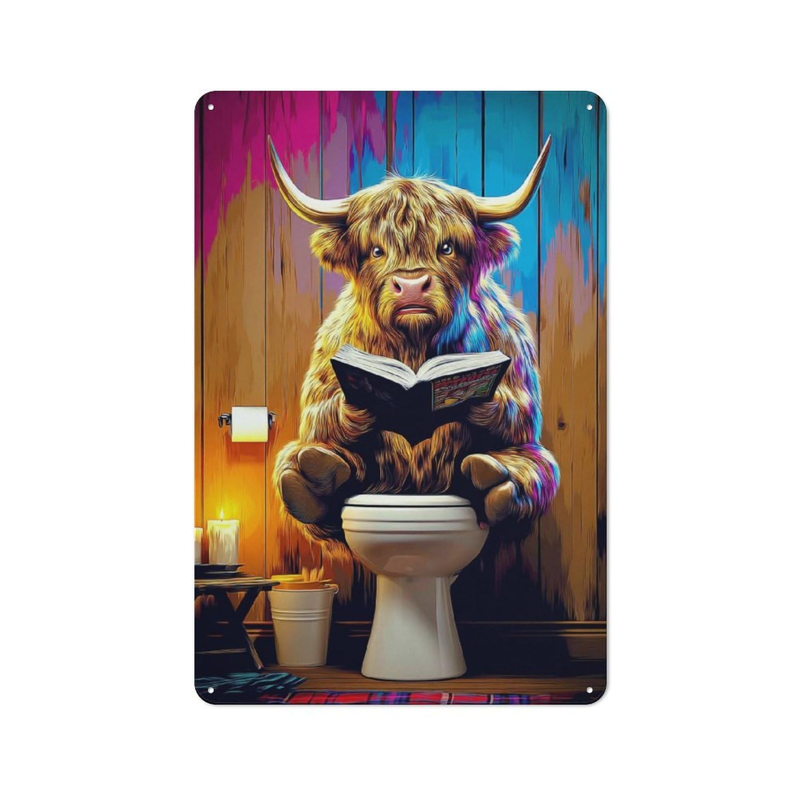Junmoney Highland Cow Reading In The Bathroom Farmhouse Metal Sign With Design 30X20cm, Rustic Rustic Kitchen Decor For Dining Room, Cafe, Entryway Or Family Room