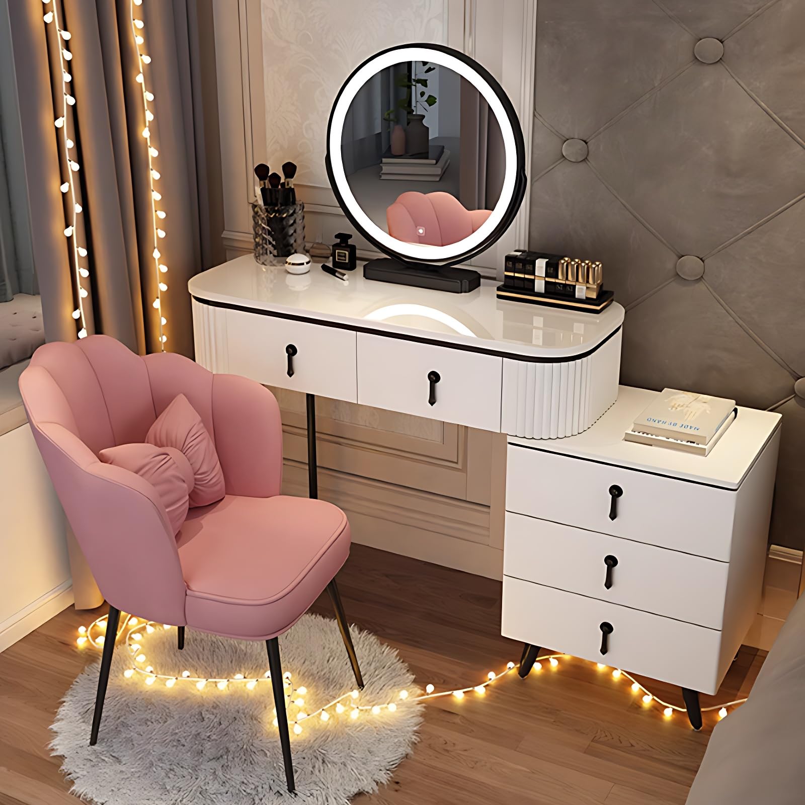 Nowoczesny zestaw kosmetyczny z lustrem i szufladami - stół do makijażu z litego drewna i taboret nie wymaga instalacji Stylowy czarno-biały design 90 cali do domu i sypialni