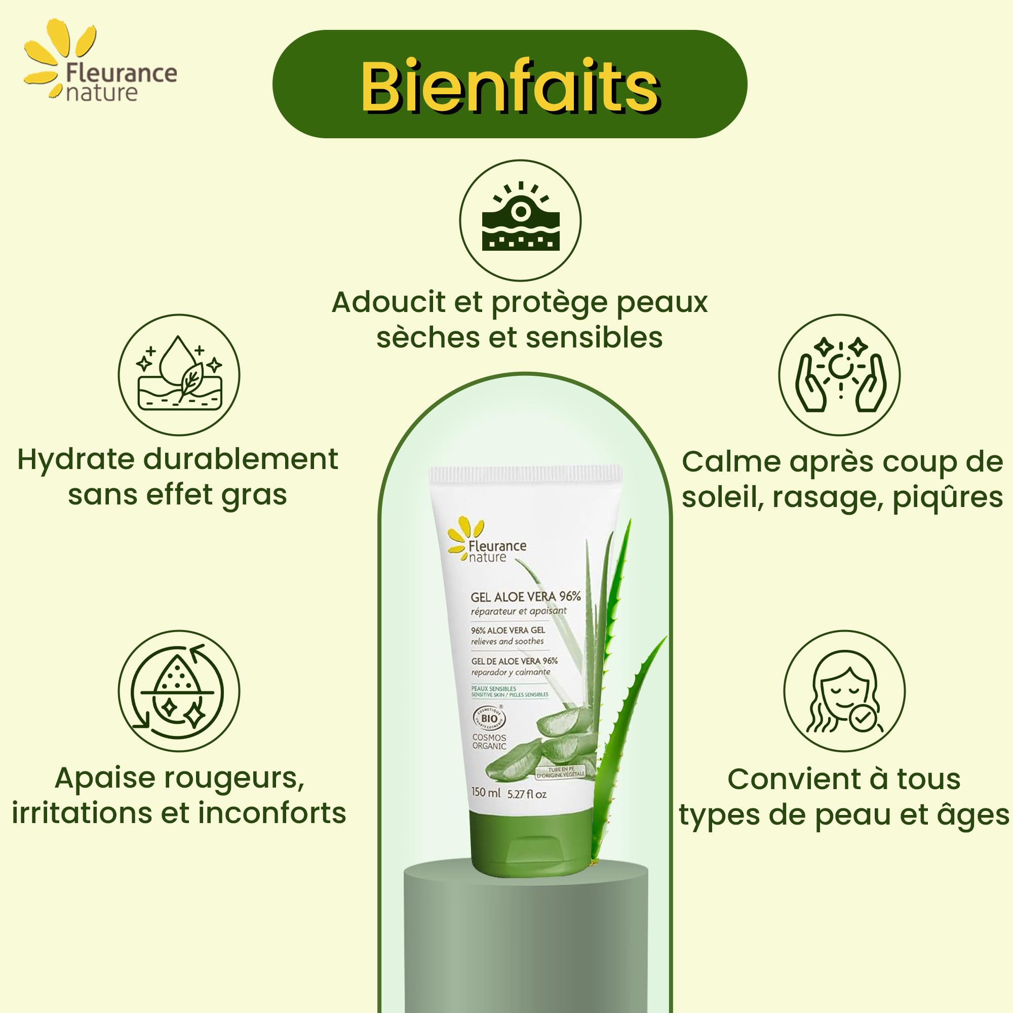 Triplo Fleurance Nature Gel Aloe Vera 96% Pur Bio- 150ml cosmetique  certifi Bio Cosmos Ecocert Gel aloe vera hydratant, reparateur, apaisant -  Soin visage et corps Bio-Made in France- 24204(3 units) :