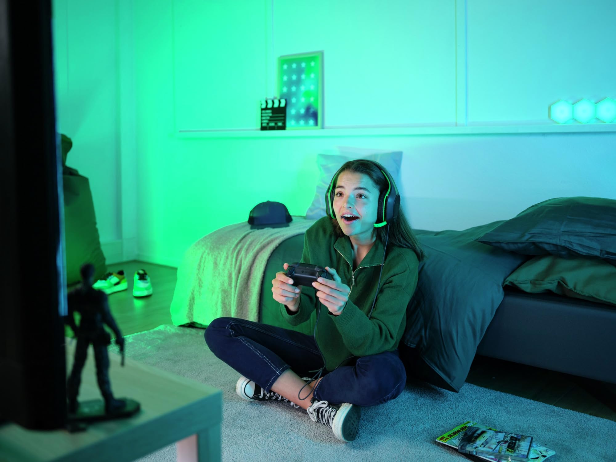 Trust Gaming GXT 415X Zirox Lekkie słuchawki do gier Xbox Series X/S z przetwornikiem 50 mm, gniazdo audio 3,5 mm, kabel 1,2 m, regulowany pałąk, słuchawki z mikrofonem nausznym - czarny/zielony | Przetworniki 50 mm, jack audio 3,5 mm, kabel 1,2 m, przewo