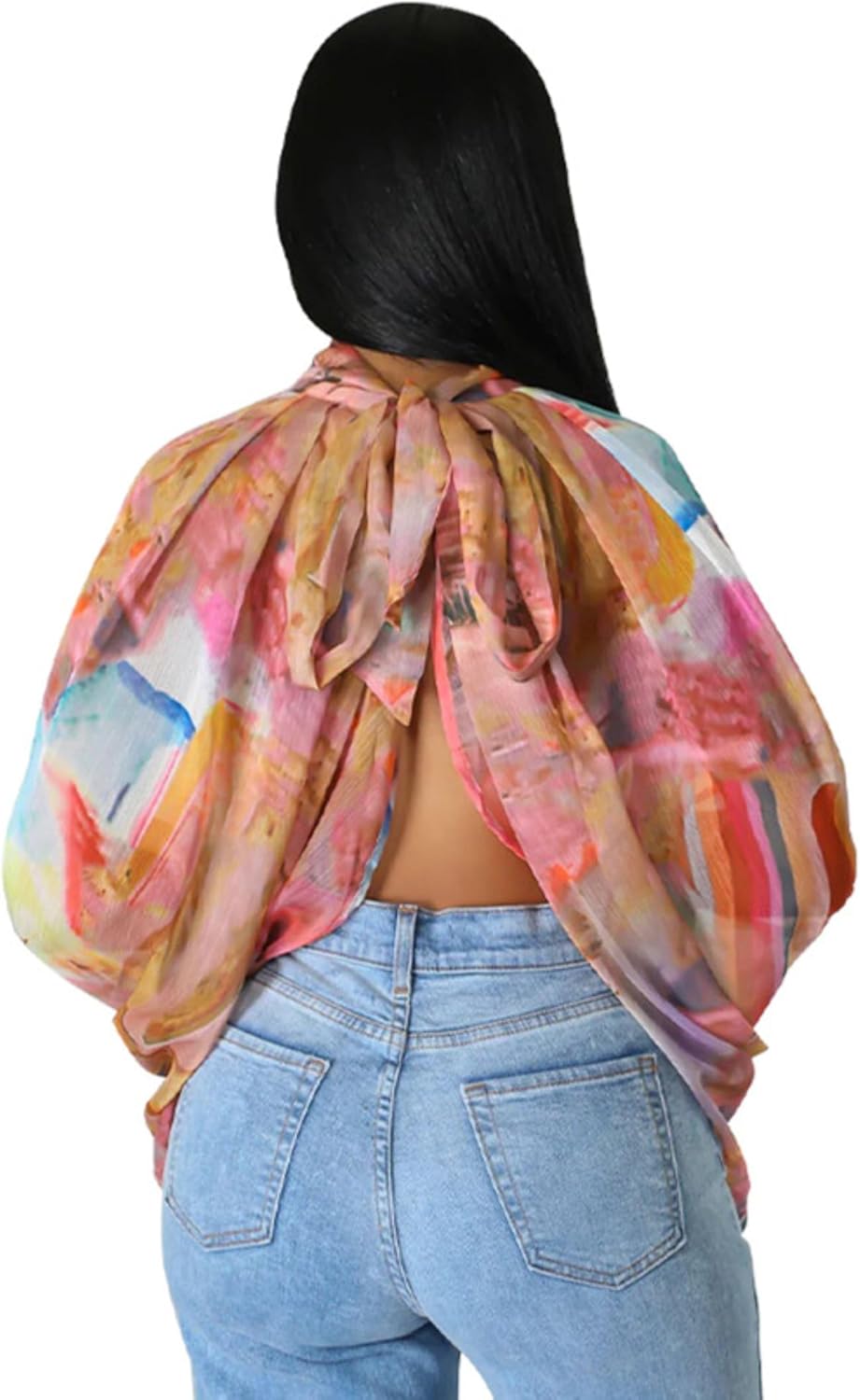 Sexy Tops for Women Party Club Night Batwing Sleeve Chiffon Sheer Self Tie Back Front Open Women Shirts Casual Summer - Image 5