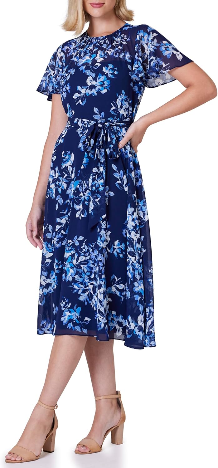 Jessica Howard Womens Flutter Sleeve Mesh Neck Floral Print Dress - Image 3