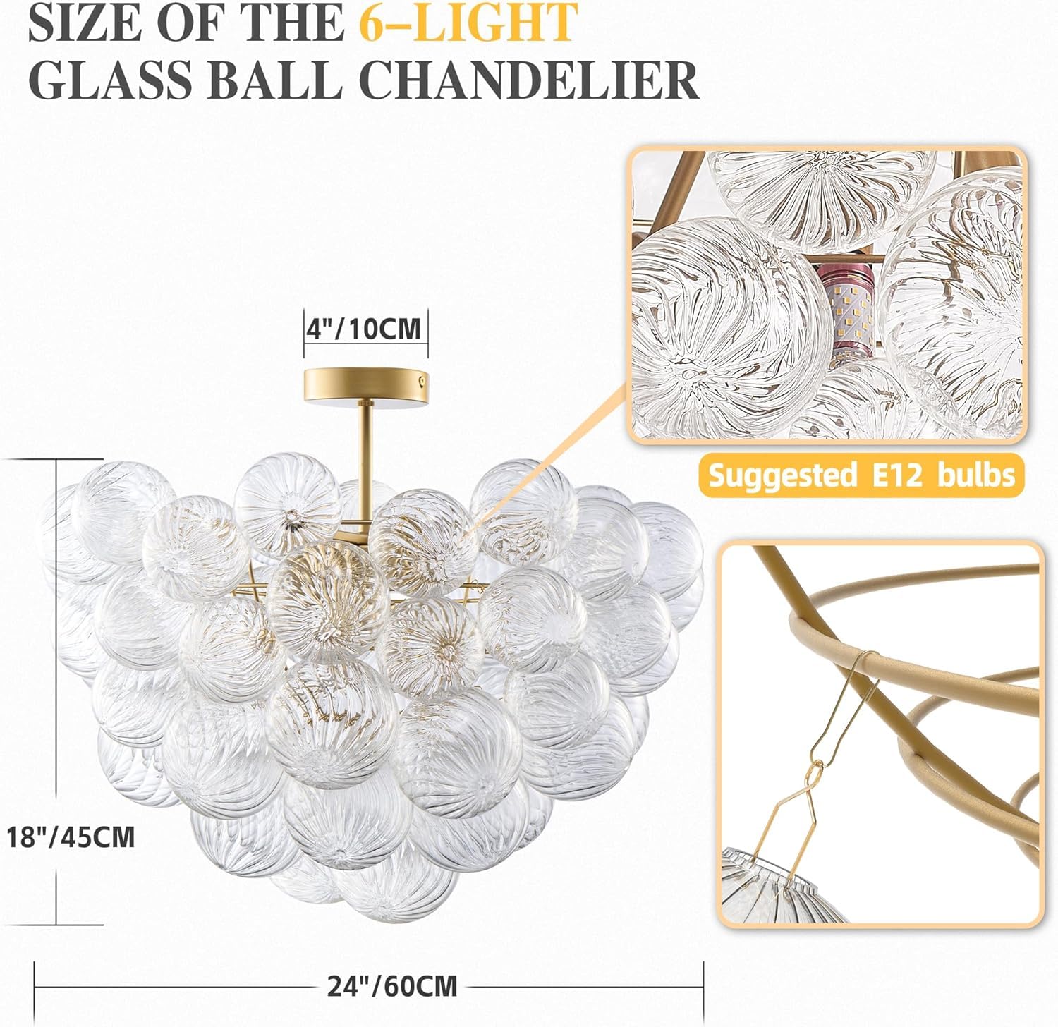 Gold Kronleuchter,Bubble-Glas Deckenleuchte, 6 Leuchten Pendelleuchte,D60 x H45 cm Einbau-Deckenleuchte für Wohnzimmer für Küche Esszimmer Schlafzimmer Flur (60 × 45 Einbau)