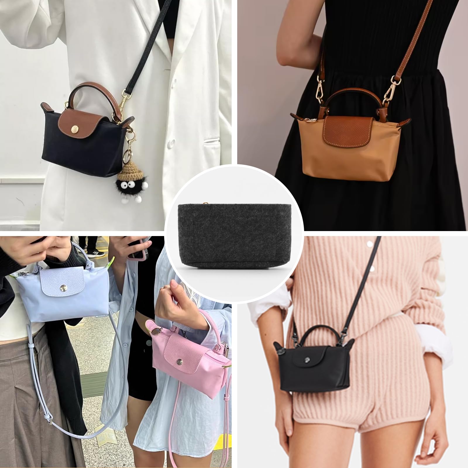 Organizer do torebki Longchamp Le Pliage, z filcu, z wielofunkcyjnymi kieszeniami, duża pojemność, Ciemnoszary mini