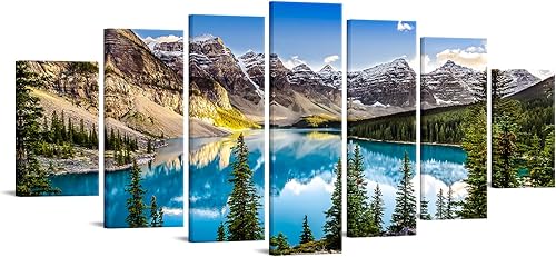 Enorme lienzo de 7 piezas de arte para pared, vista del lago Moraine y cordillera al atardecer en las montañas rocosas canadienses, arte moderno Enorme lienzo de 7 piezas de arte para pared, vista del lago Moraine y cordillera al atardecer en las montañas rocosas canadienses, arte moderno