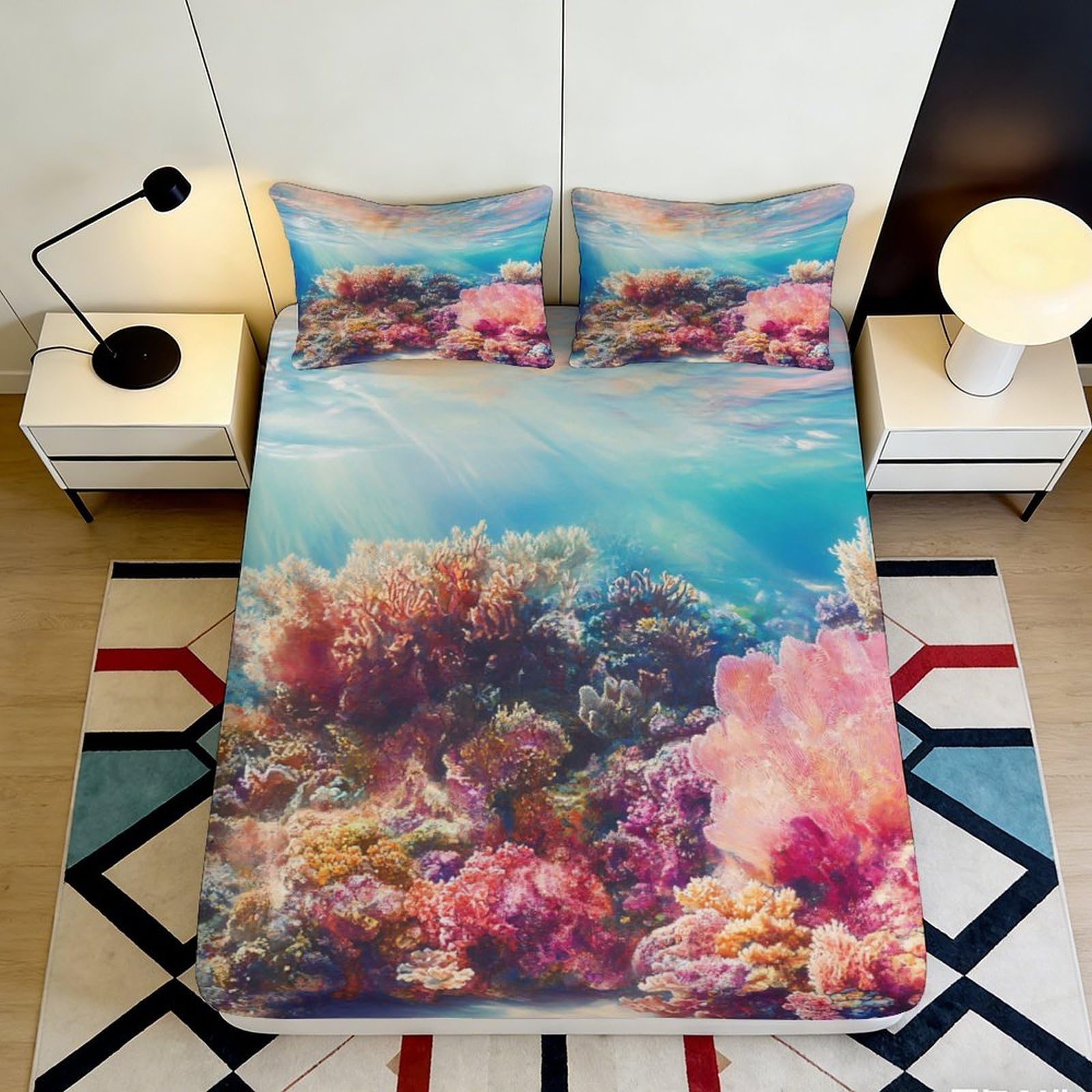 3D Printed Underwater Coral Reef Fitted Sheet Microfiber Soft Breathable Ocean Scene Mattress Cover for Bedroom Dormitory Guest Room Mattress Protection 200x200x25cm