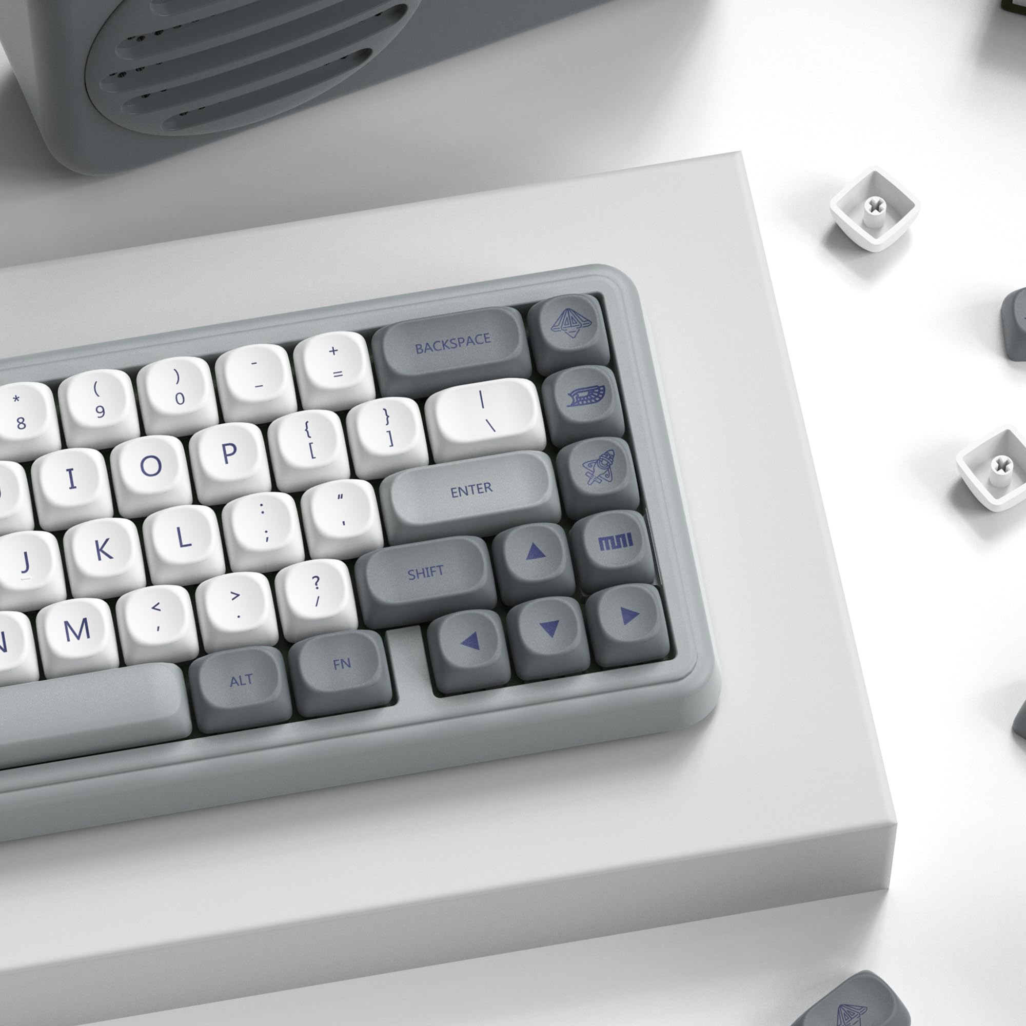 Womier PBT MOAキーキャップセット 昇華プリント ホワイト/グレー 日本風 | レトロデザイン, 100%/75%/65%/60%対応, MX軸対応, TKL US配列対応, カスタム交換用