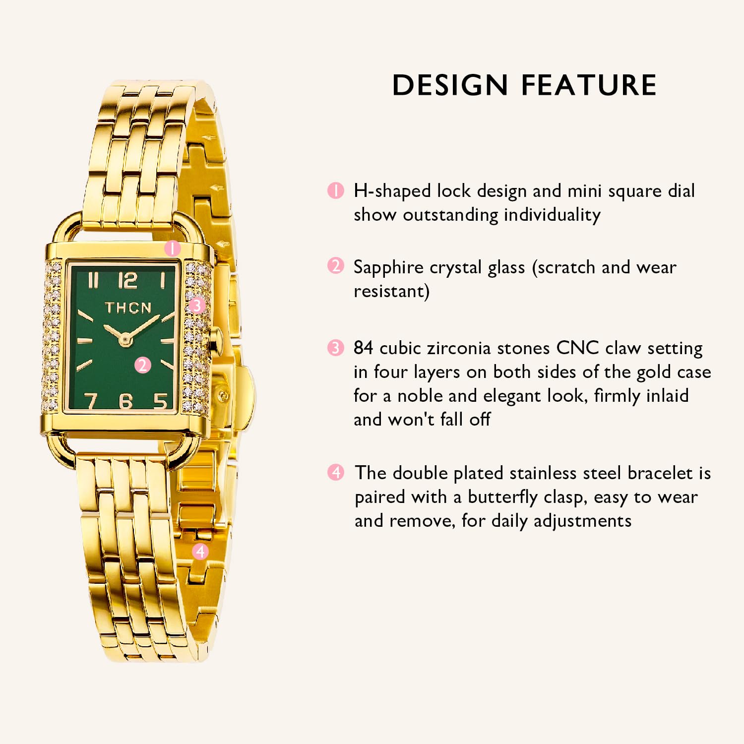 THCN Hebe Gold Watches for Women 84 pcs Cubic Zirconia Stones with CNC Claw Setting on Rectangular Case, Double Plated Stainless Steel Bracelet Womens Watches (THCN0005-1)