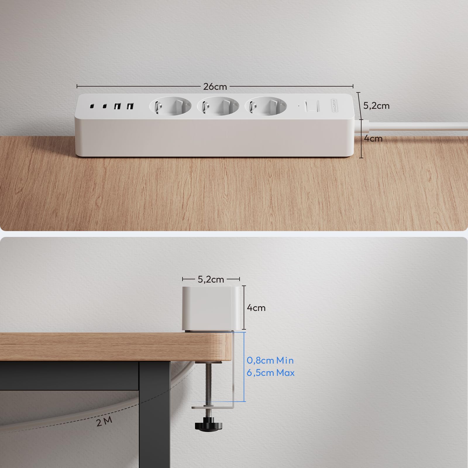 NTONPOWER Listwa zasilająca na biurko z USB-C, 3-gniazdowa listwa zasilająca z zaciskającą klipsem, kabel 2 metry, wielogniazdowa listwa zasilająca do biura, 2500 watów, biała