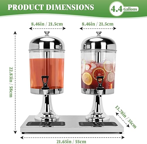 Miniatura 2 de tonchean Dispensador de bebidas de 4.4 galones, dispensador doble de bebidas de 16 litros, dispensador de jugo de acero inoxidable con núcleo de