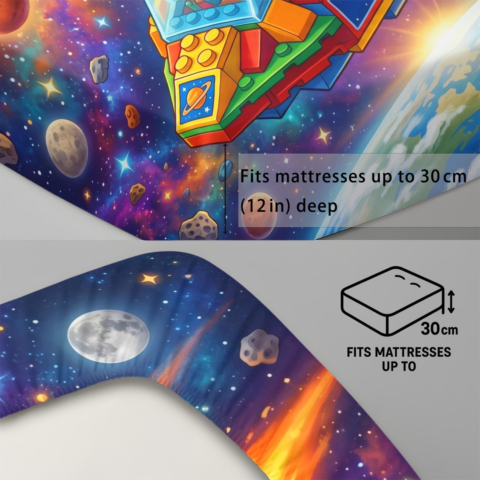 Pojedyncze prześcieradło z gumką z nadrukiem kosmicznym 90 x 190 cm, gęstość splotu 400, kreskówka, astronauta, statek kosmiczny, zestaw pościeli z głęboką kieszenią, prześcieradło i poszewka na