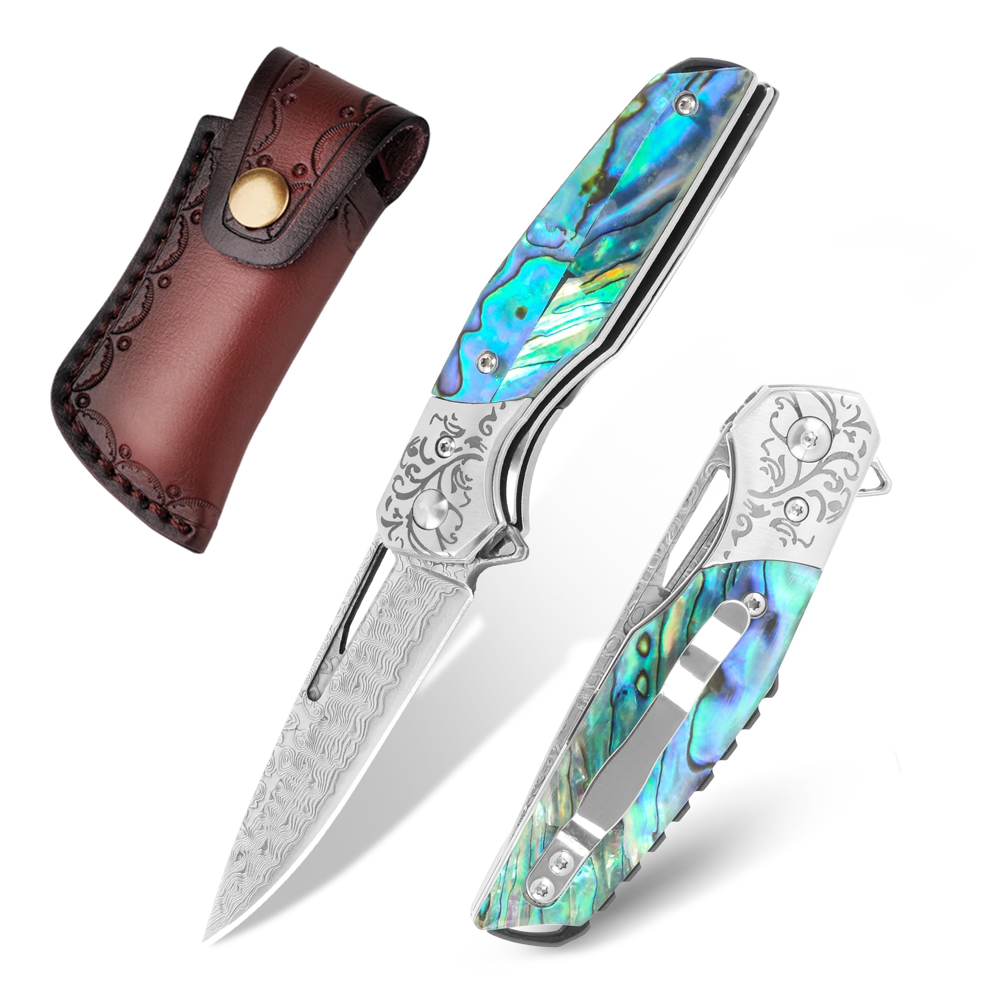 KNOVATET Damascus Pocket Knife with Clip, Handmade Forged 3.15