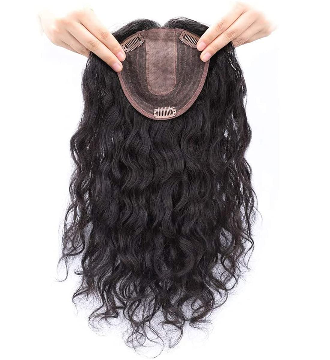 Curly Human Hair Crown Topper Hairpiece 5" x 5.5" Clip in Top Wiglet Hairpieces for Women with Thinning Hair, 12" Right Part, Black