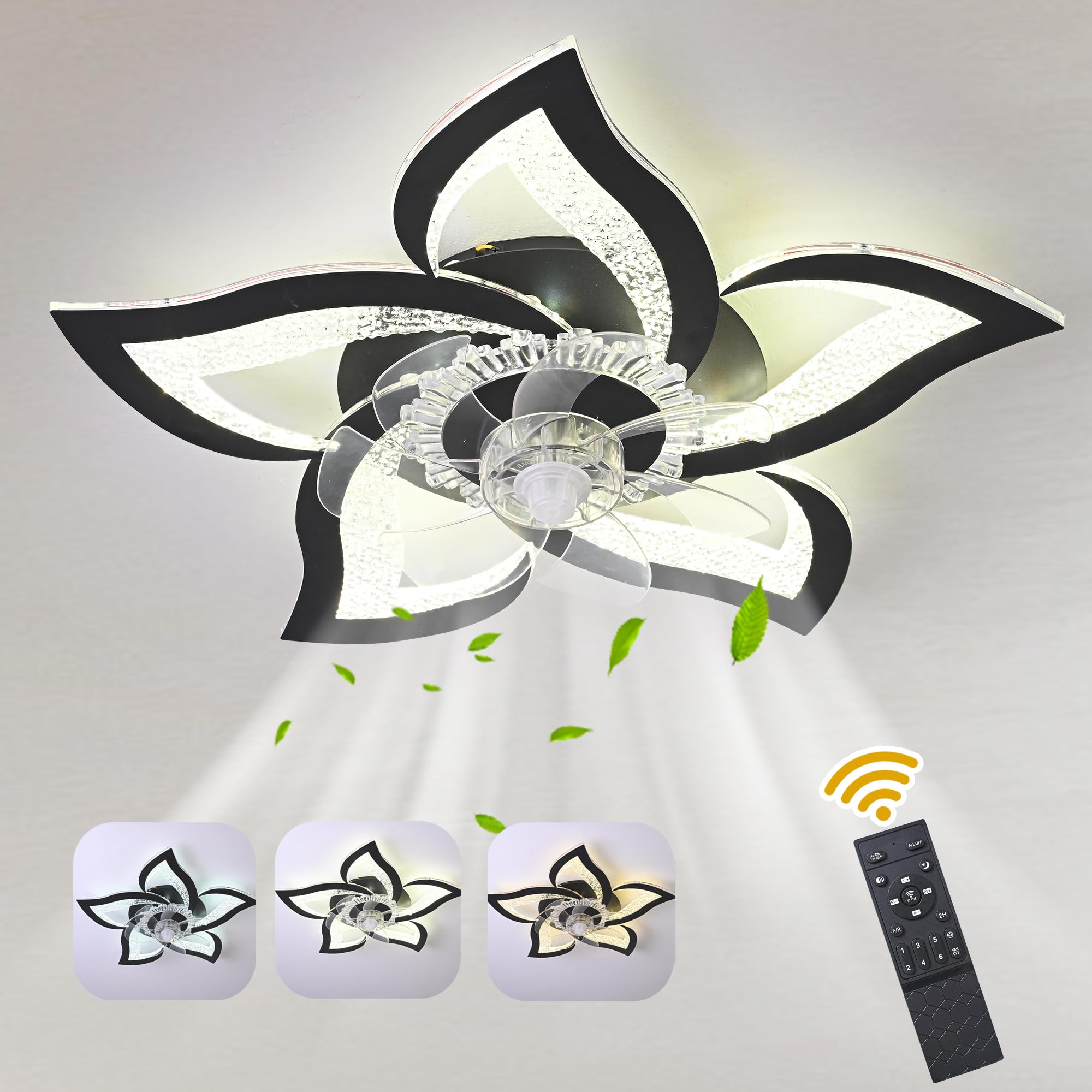 Oninio Black Ceiling Fan with Light with Remote Control 62.5cm Low Profile Ceiling Lamp 6-Speed Reversible Quiet Motor Dimmable Modern Flower Fan for Bedroom,Kitchen,Living Room