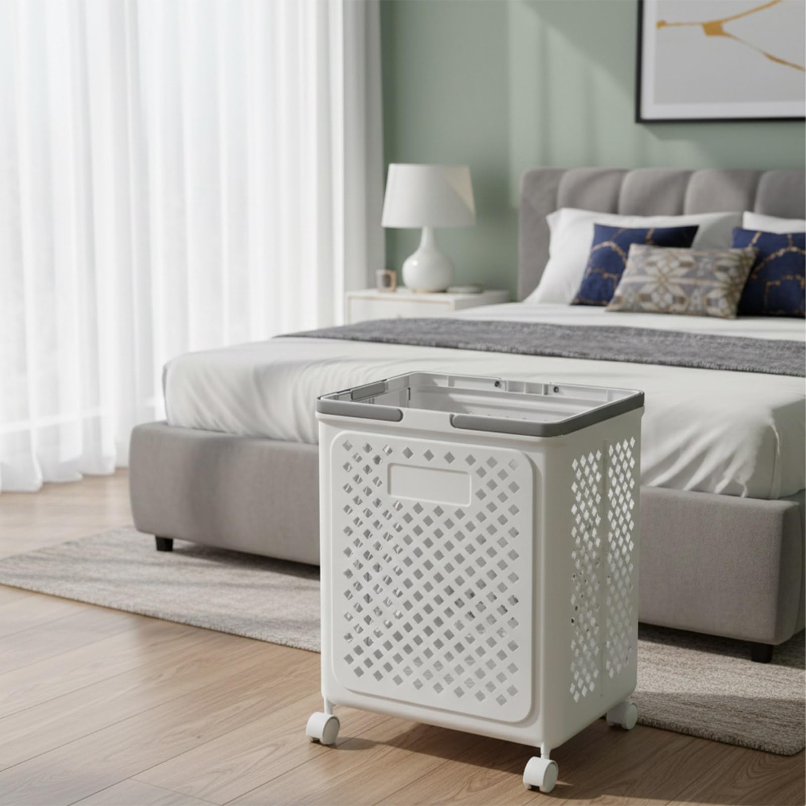 Panier à Linge Pliable avec Roulettes en Plastique | Couleur Blanche, Gain de Place, pour Vêtements Serviettes Jouets, Salle de Bain Buanderie Chambre