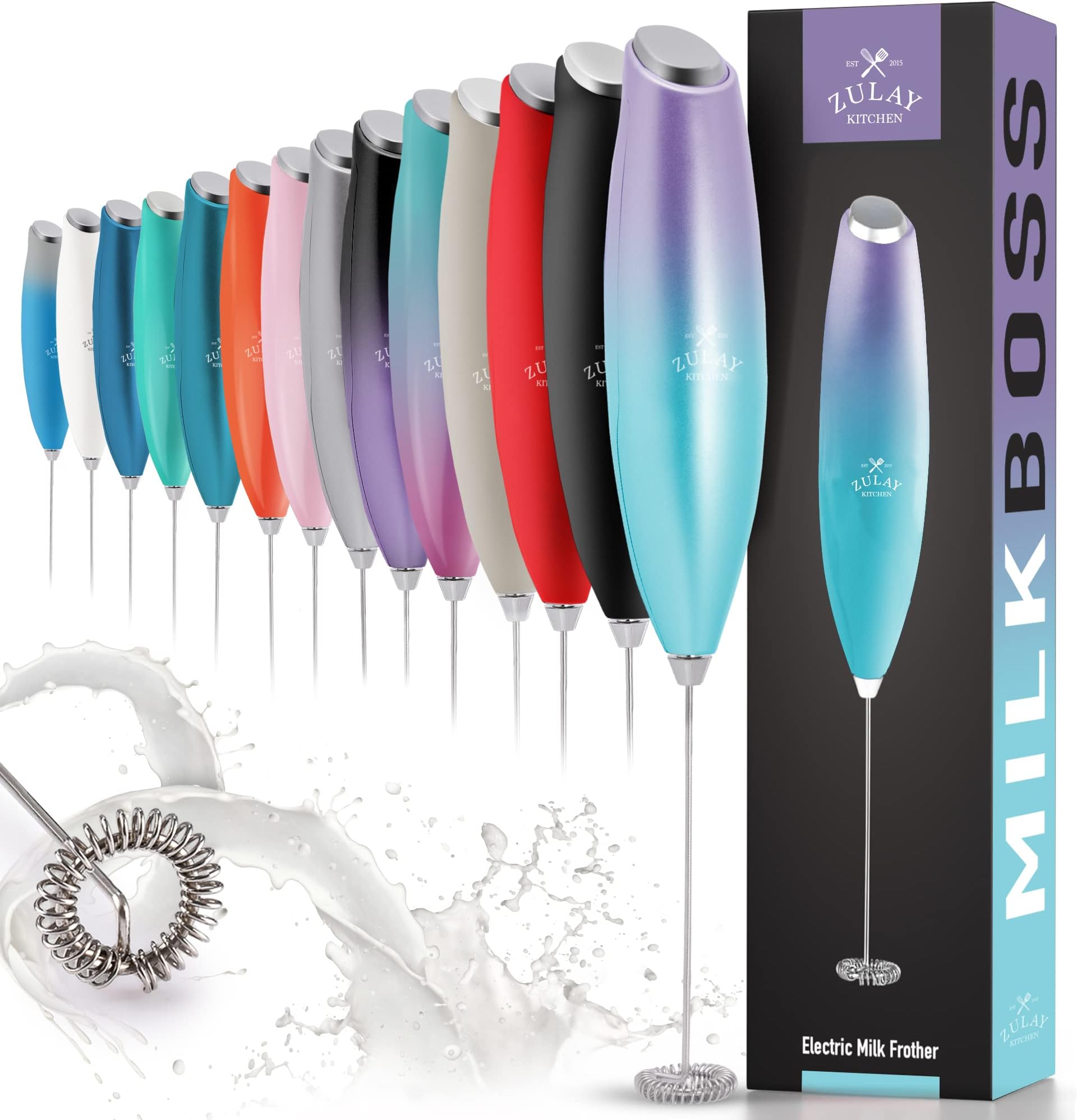 Zulay Powerful Milk Frother for Coffee with Upgraded Titanium Motor - Handheld Frother Whisk, Milk Foamer, Mini Blender and Electric Mixer Coffee Frother for Latte, Matcha, No Stand - Northern Lights