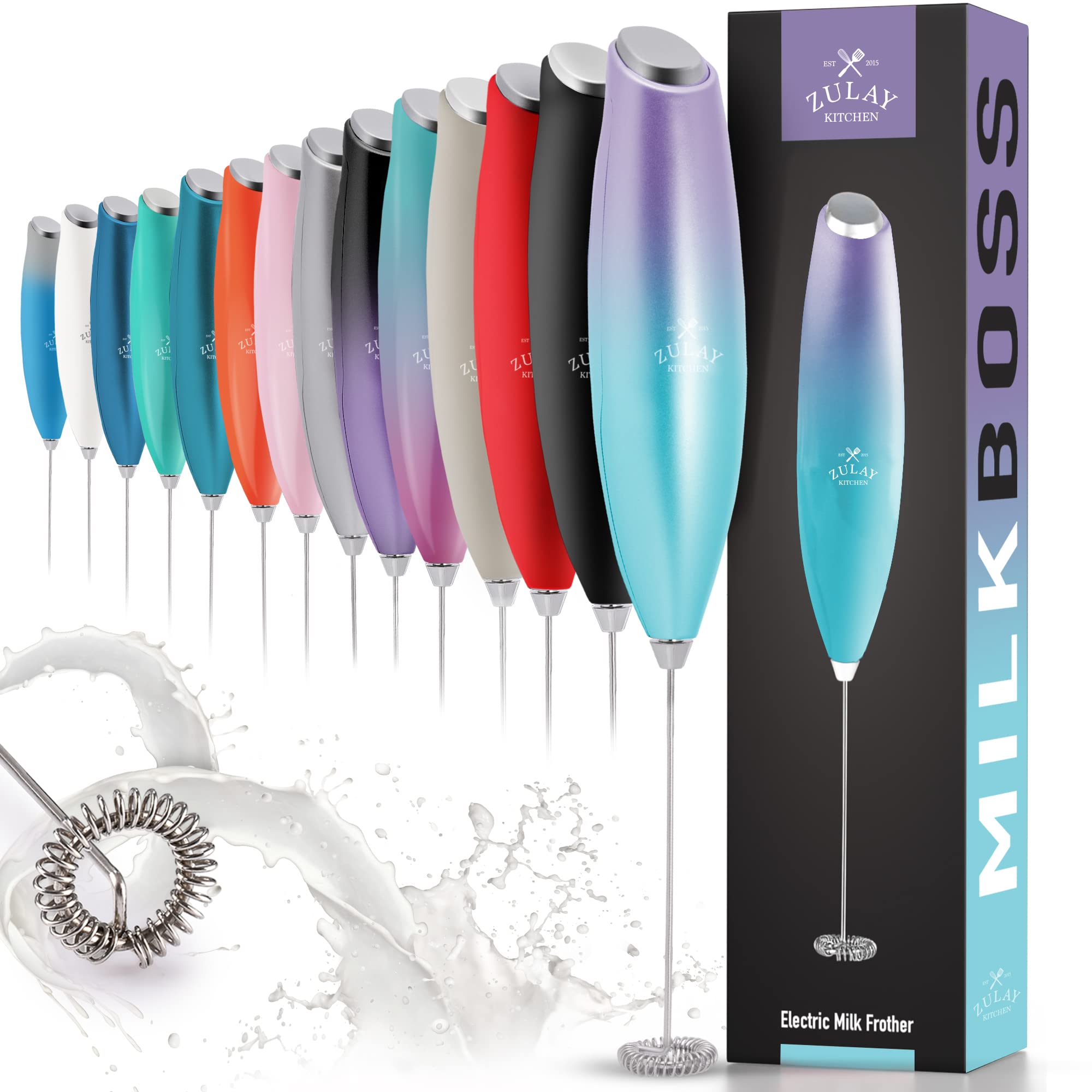 Zulay Powerful Milk Frother for Coffee with Upgraded Titanium Motor - Handheld Frother Whisk, Milk Foamer, Mini Blender and Electric Mixer Coffee Frother for Latte, Matcha, No Stand - Northern Lights